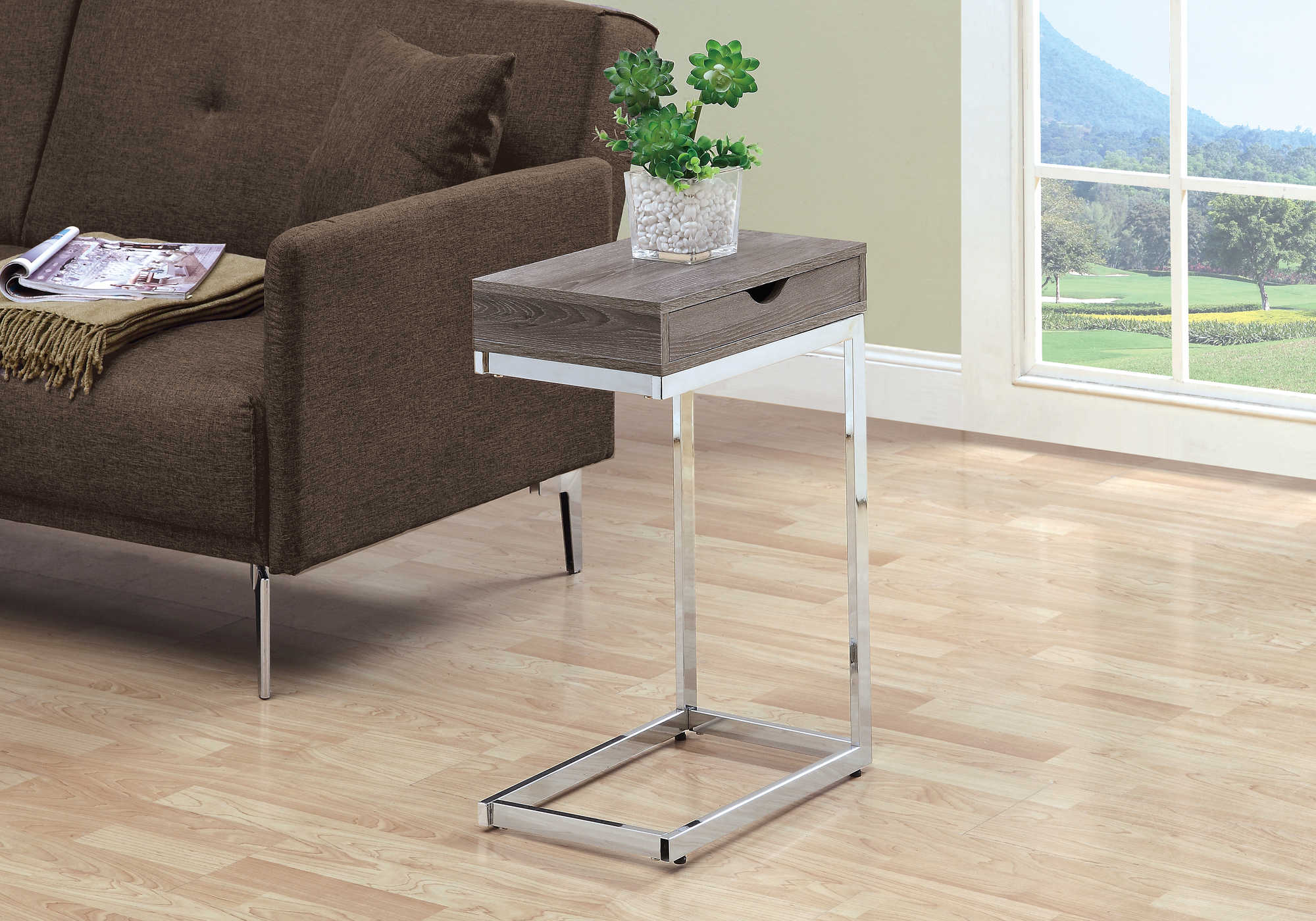 NIGHTSTAND - CHROME METAL / DARK TAUPE WITH A DRAWER #I 3254