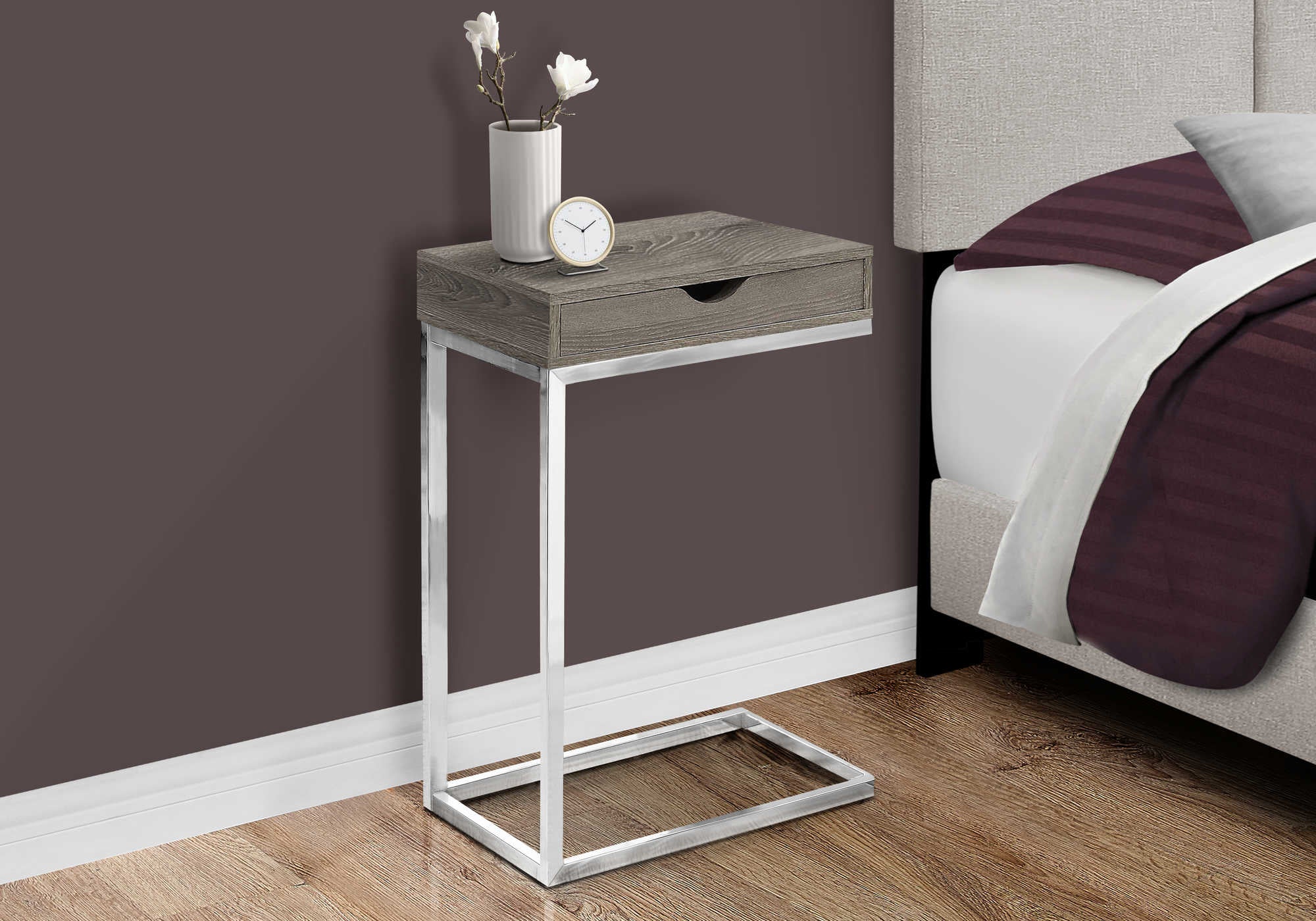 NIGHTSTAND - CHROME METAL / DARK TAUPE WITH A DRAWER #I 3254