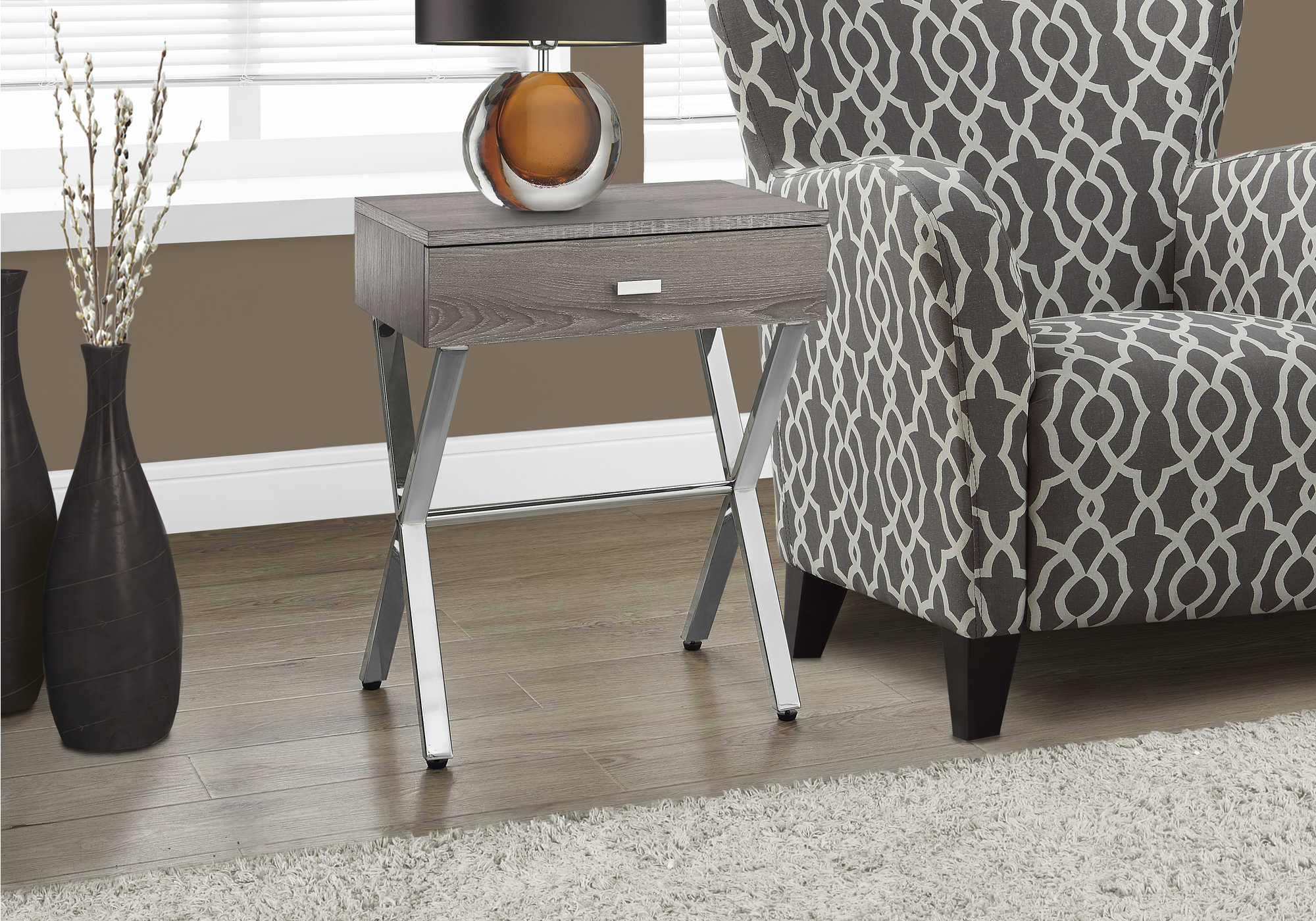 NIGHTSTAND - 24"H / DARK TAUPE / CHROME METAL #I 3263