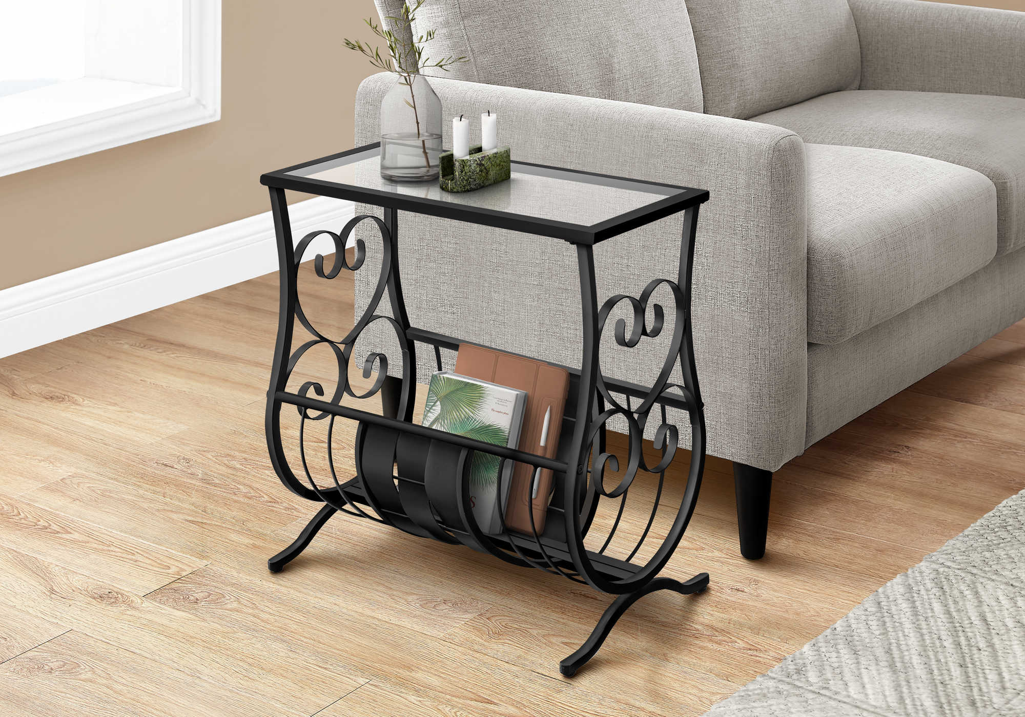 ACCENT TABLE - SATIN BLACK METAL  WITH TEMPERED GLASS #I 3314