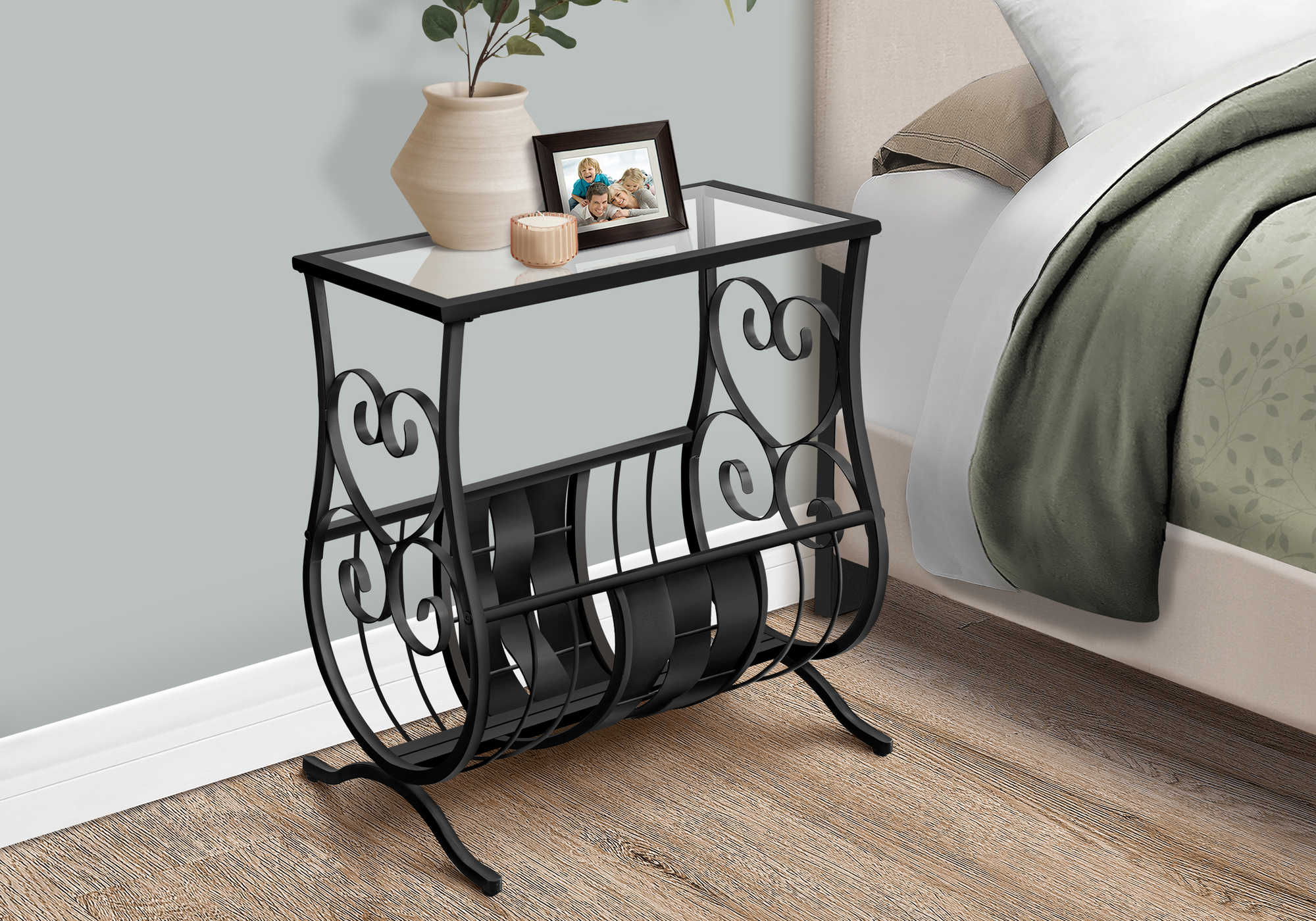 NIGHTSTAND - SATIN BLACK METAL  WITH TEMPERED GLASS #I 3314