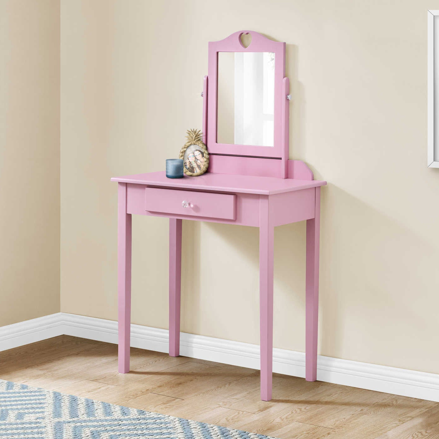 Coiffeuse enfant rose avec miroir inclinable en forme de cœur et tiroir cristal, 28 po, Montréal