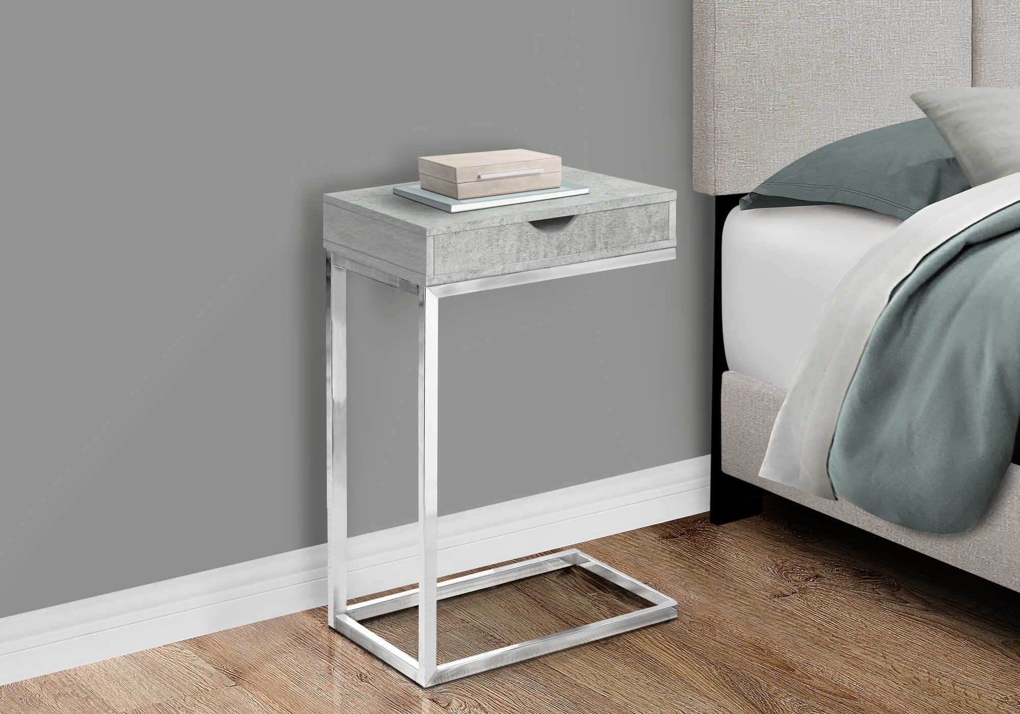 NIGHTSTAND - CHROME METAL / GREY CEMENT WITH A DRAWER #I 3373