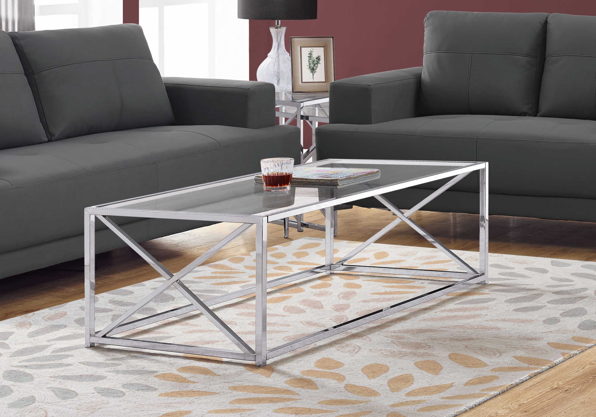 COFFEE TABLE - 44"L / CHROME METAL WITH TEMPERED GLASS # I 3440