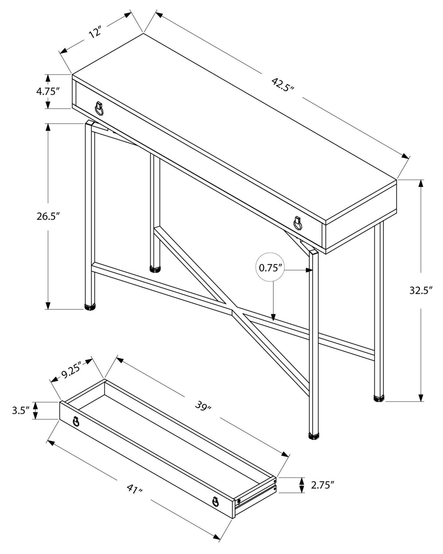 TABLE D'APPOINT - 42"L / BOIS RÉCUPÉRÉ GRIS / CONSOLE NOIRE #I 3454