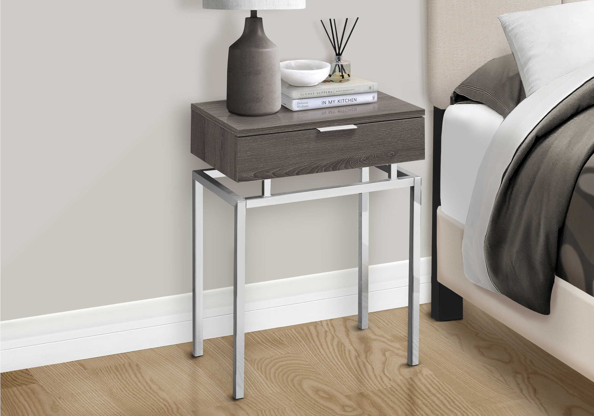 NIGHTSTAND - 24"H / DARK TAUPE / CHROME METAL #I 3465