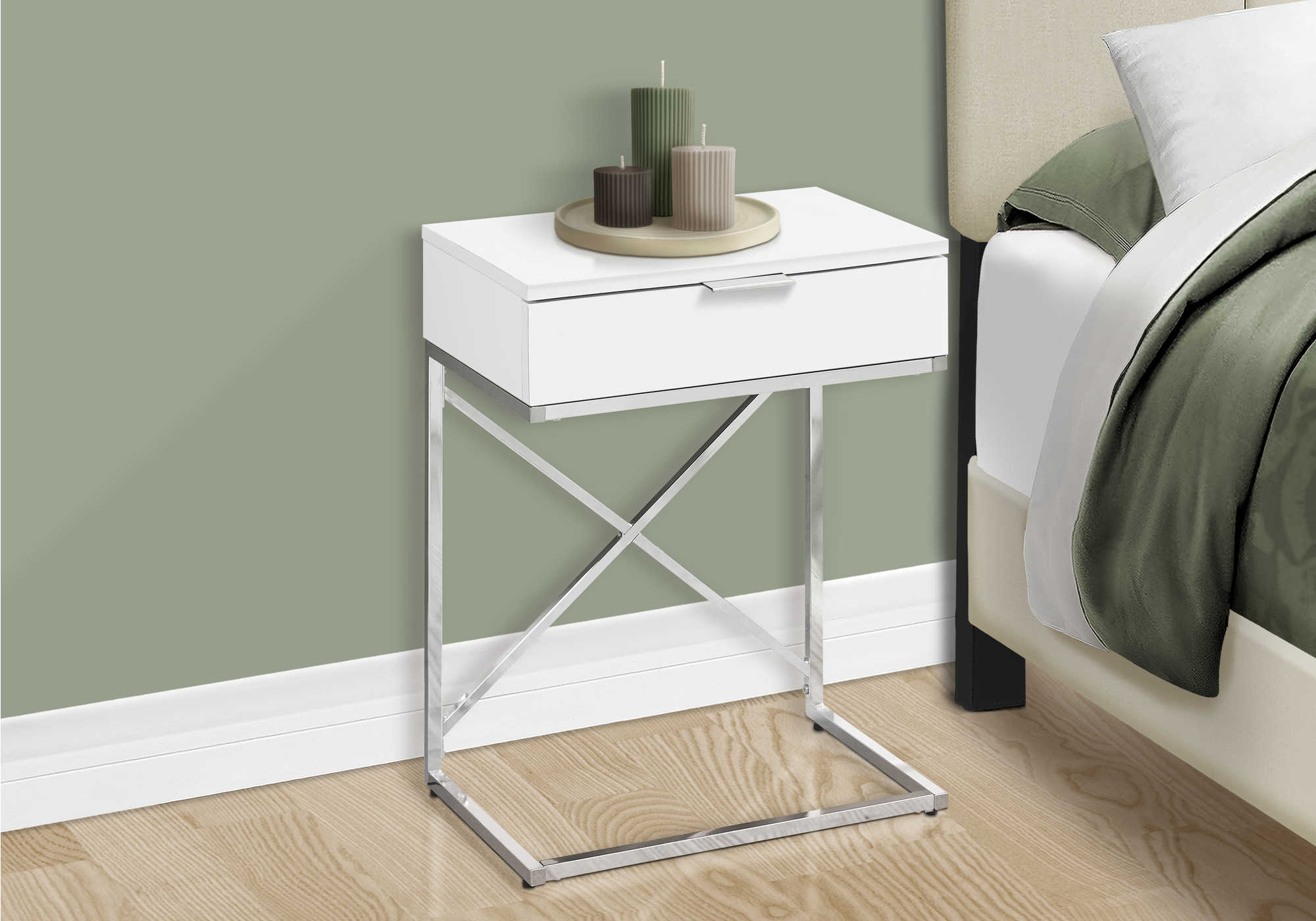 NIGHTSTAND - 24"H / GLOSSY WHITE / CHROME METAL #I 3470