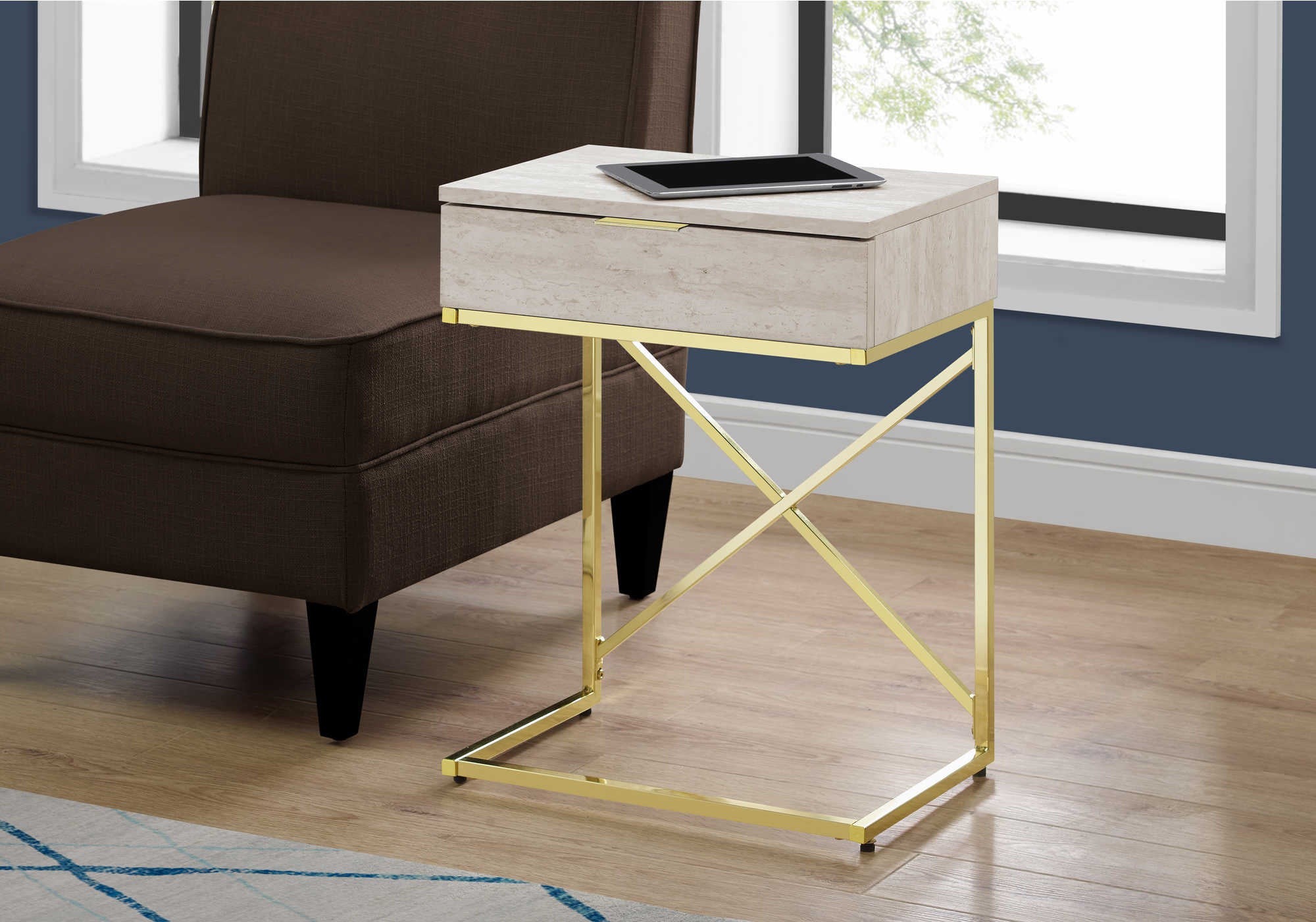 NIGHTSTAND - 24"H / BEIGE MARBLE / GOLD METAL #I 3473