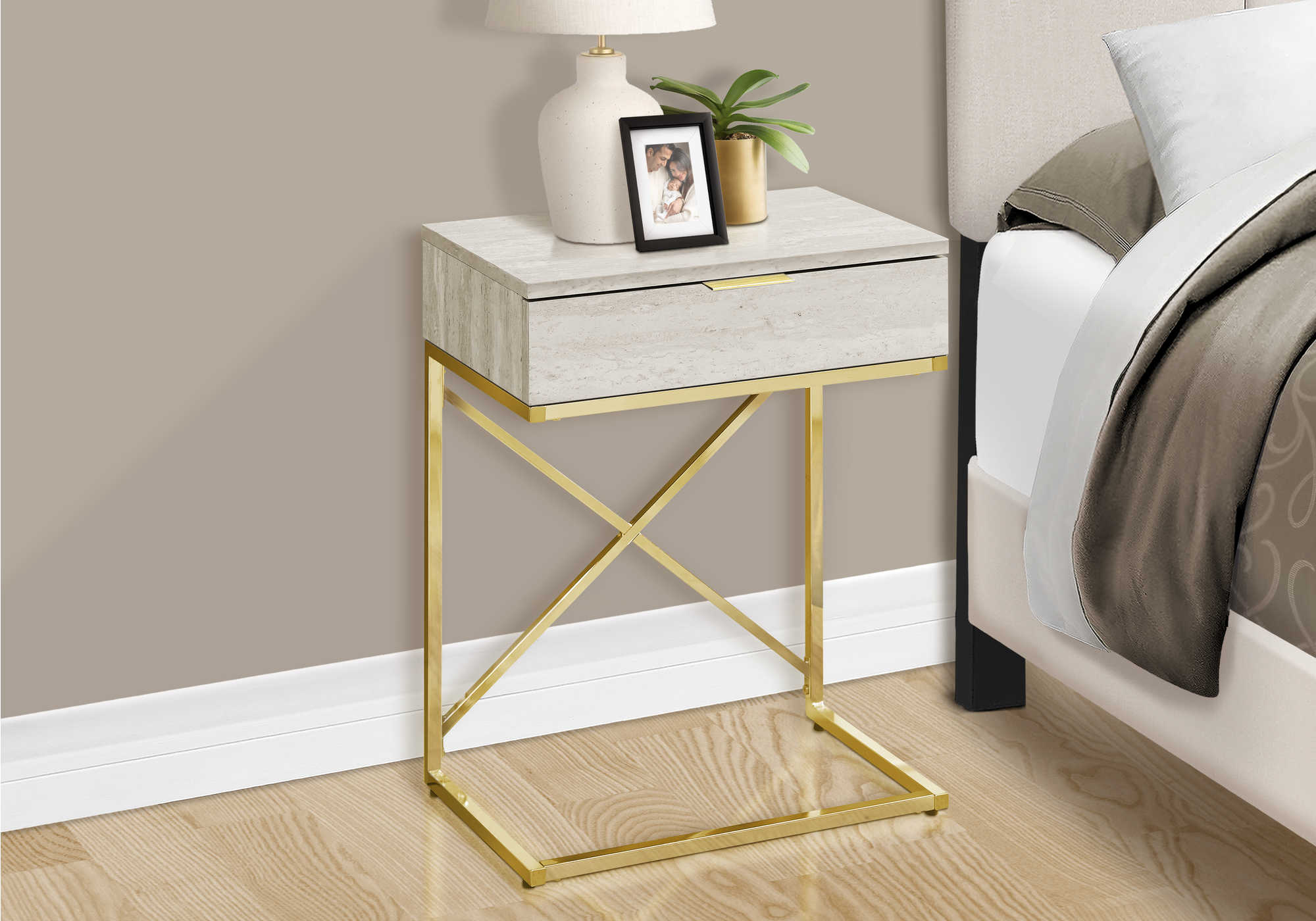 NIGHTSTAND - 24"H / BEIGE MARBLE / GOLD METAL #I 3473