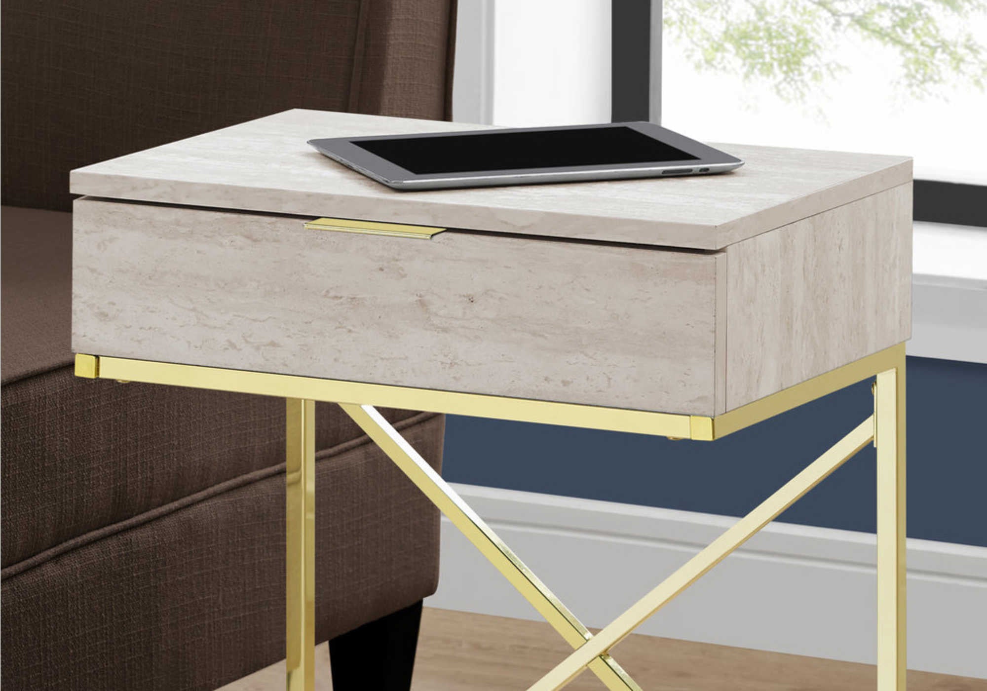 NIGHTSTAND - 24"H / BEIGE MARBLE / GOLD METAL #I 3473