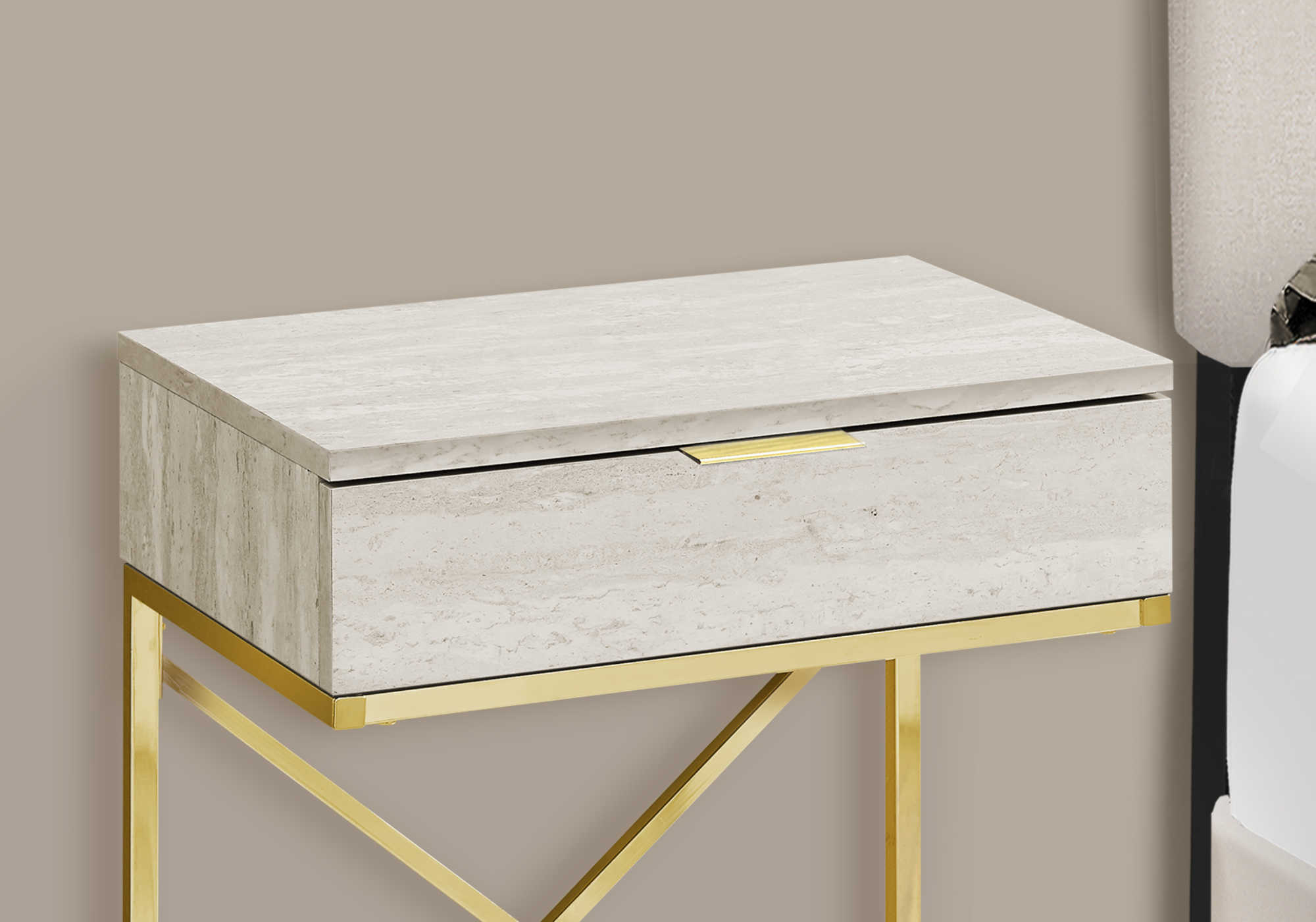 NIGHTSTAND - 24"H / BEIGE MARBLE / GOLD METAL #I 3473