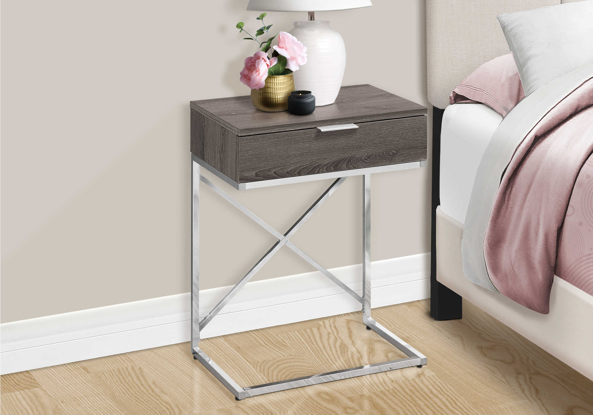 NIGHTSTAND - 24"H / DARK TAUPE / CHROME METAL #I 3475