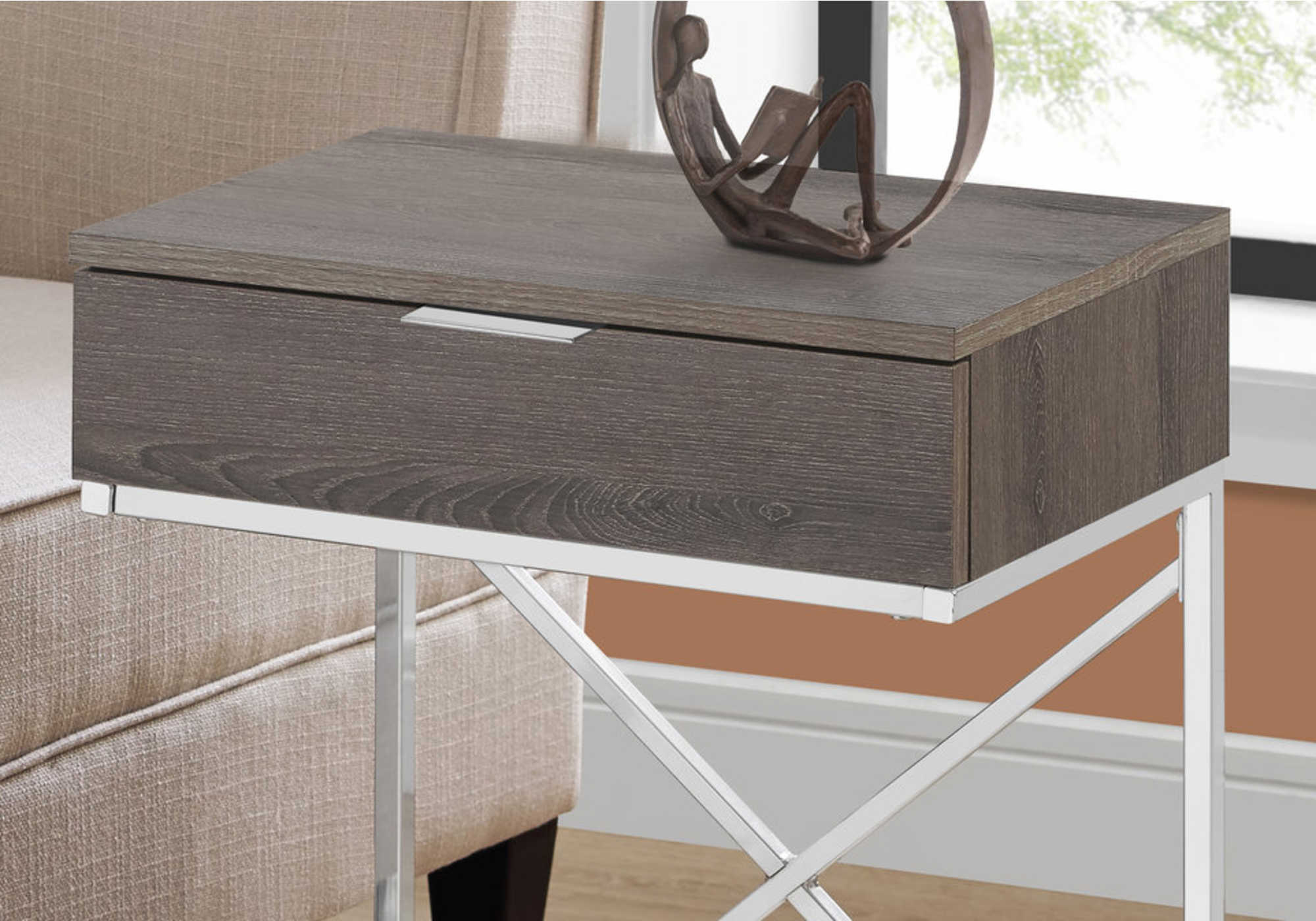 NIGHTSTAND - 24"H / DARK TAUPE / CHROME METAL #I 3475