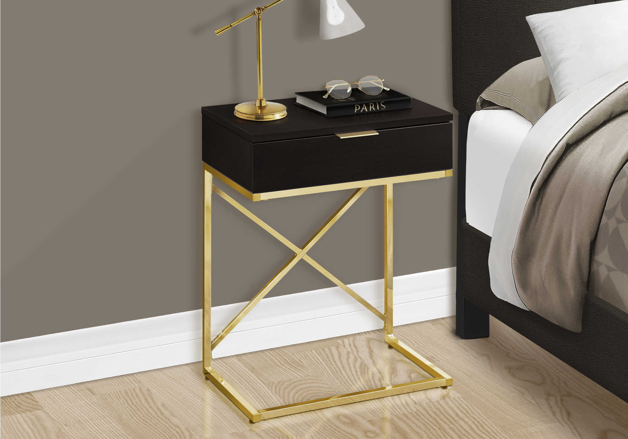 NIGHTSTAND - 24"H / ESPRESSO / GOLD METAL #I 3476