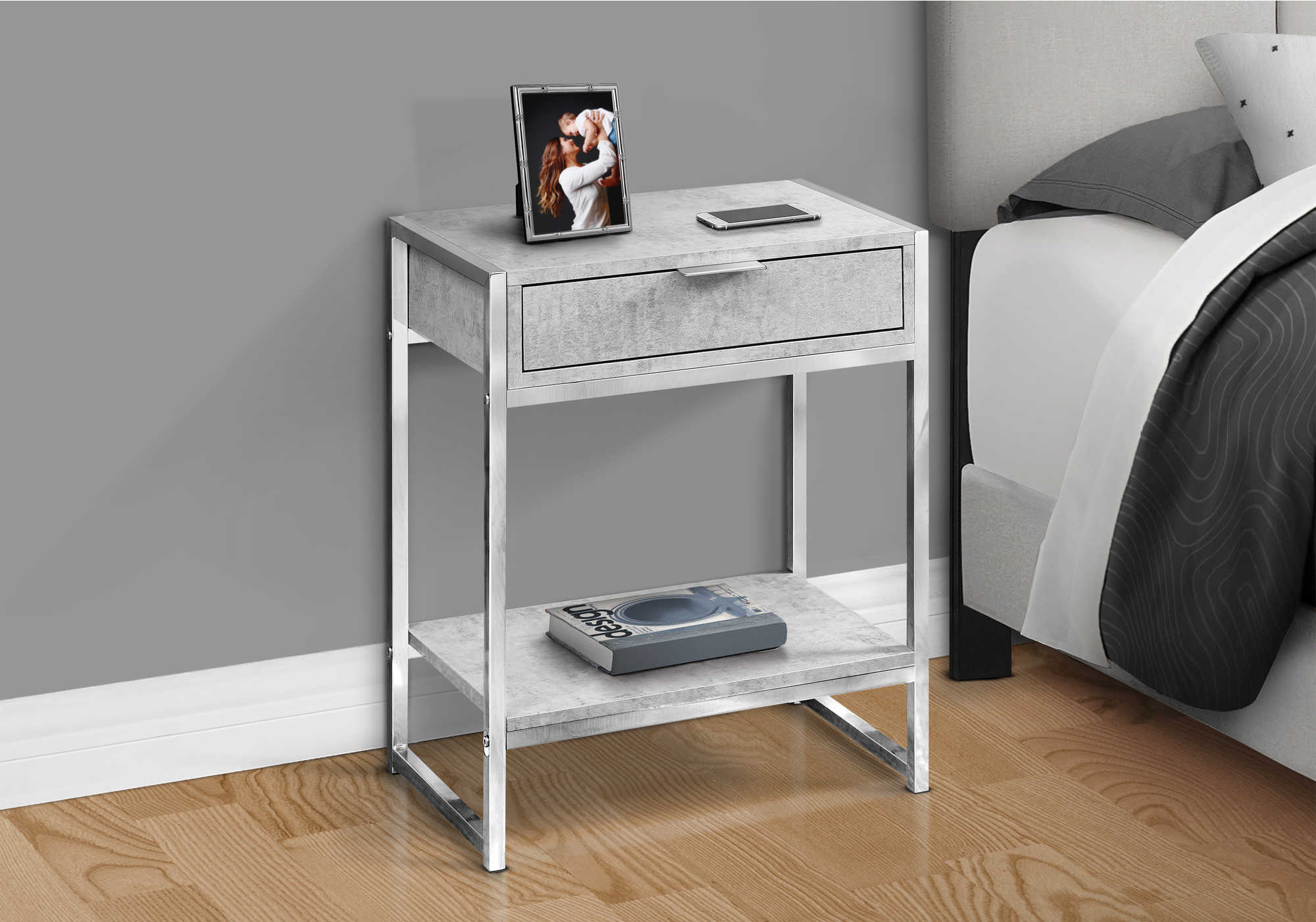 NIGHTSTAND - 24"H / GREY CEMENT / CHROME METAL #I 3481