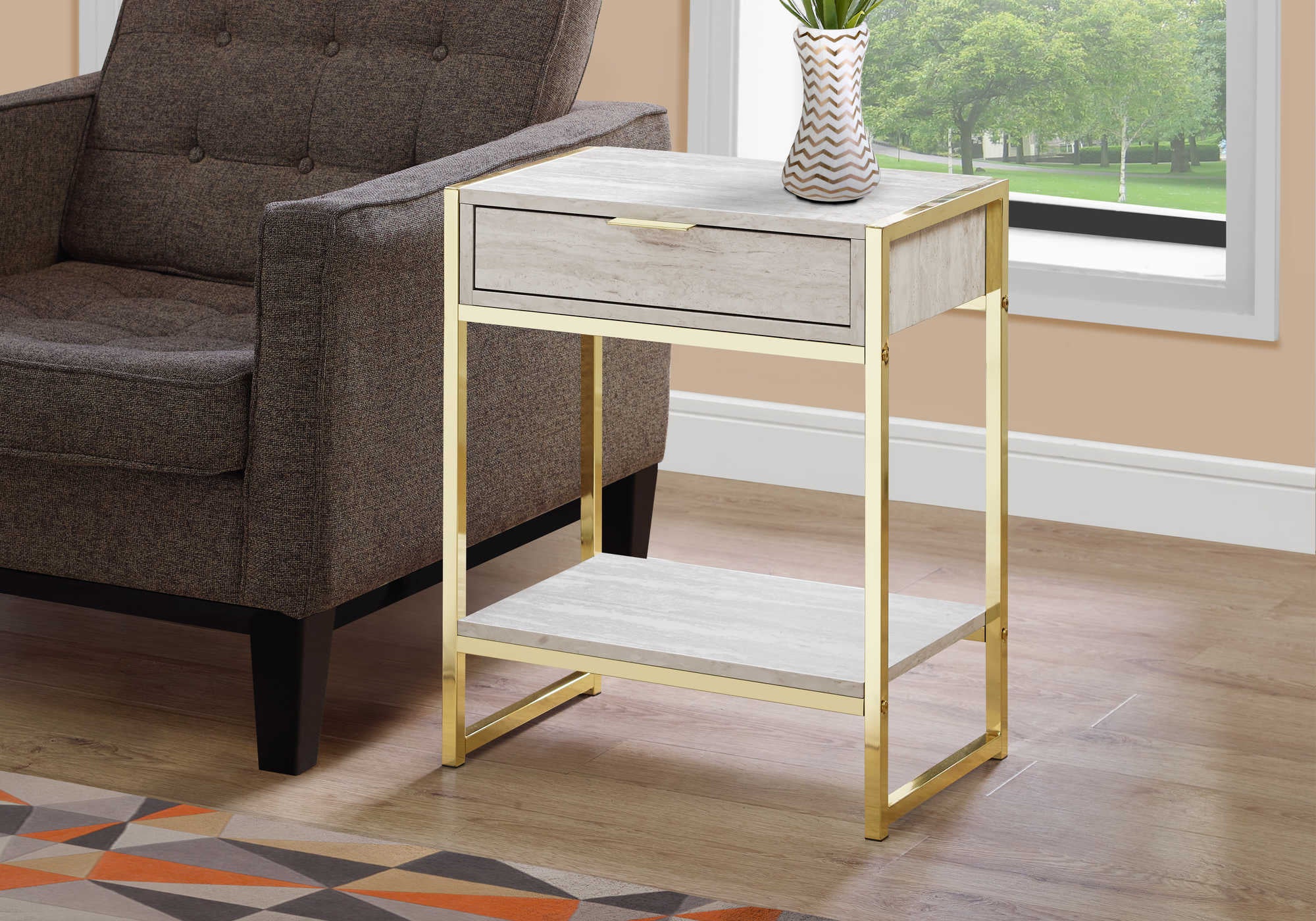 TABLE D'APPOINT - 24"H / MARBRE BEIGE / MÉTAL DORÉ #I 3483