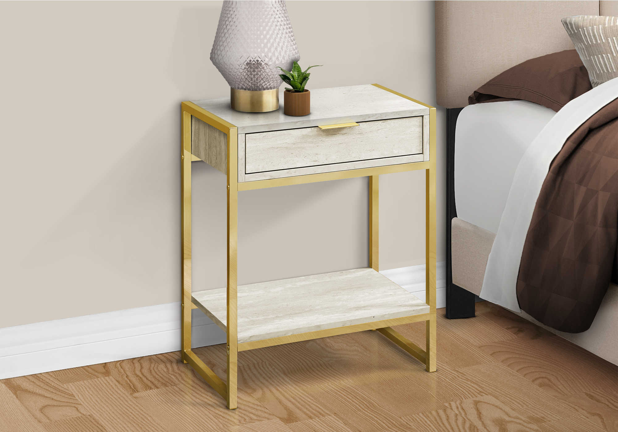 NIGHTSTAND - 24"H / BEIGE MARBLE / GOLD METAL #I 3483