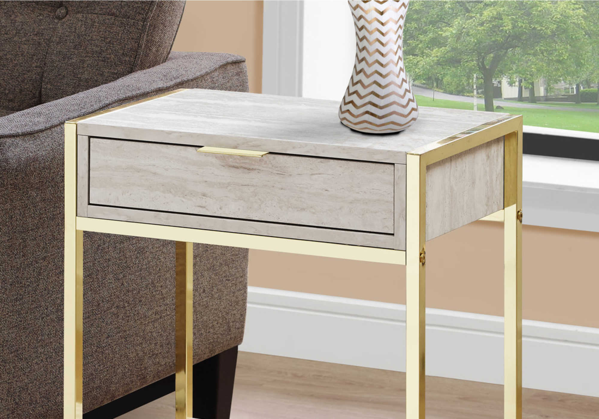 TABLE D'APPOINT - 24"H / MARBRE BEIGE / MÉTAL DORÉ #I 3483