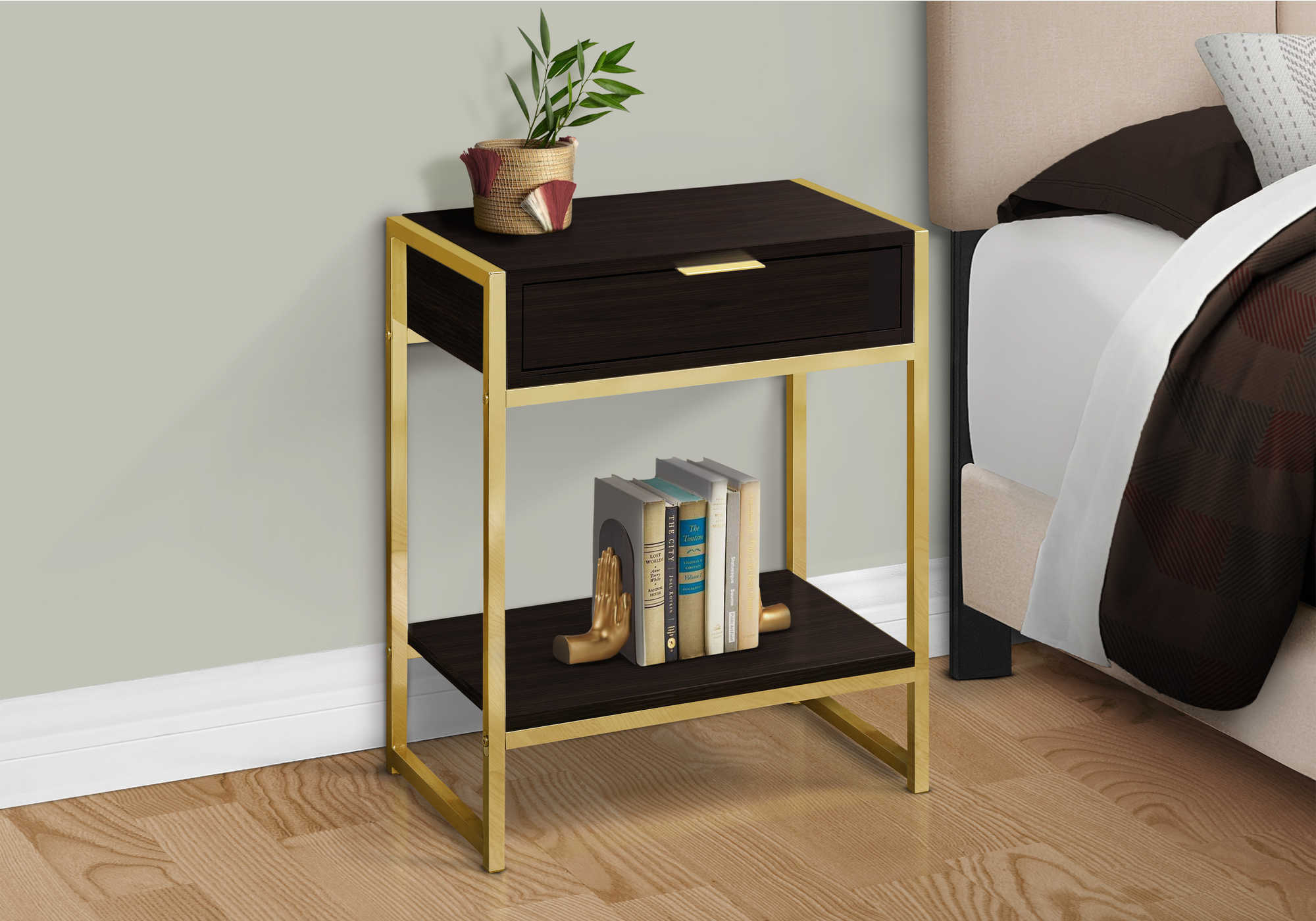 NIGHTSTAND - 24"H / ESPRESSO / GOLD METAL #I 3486