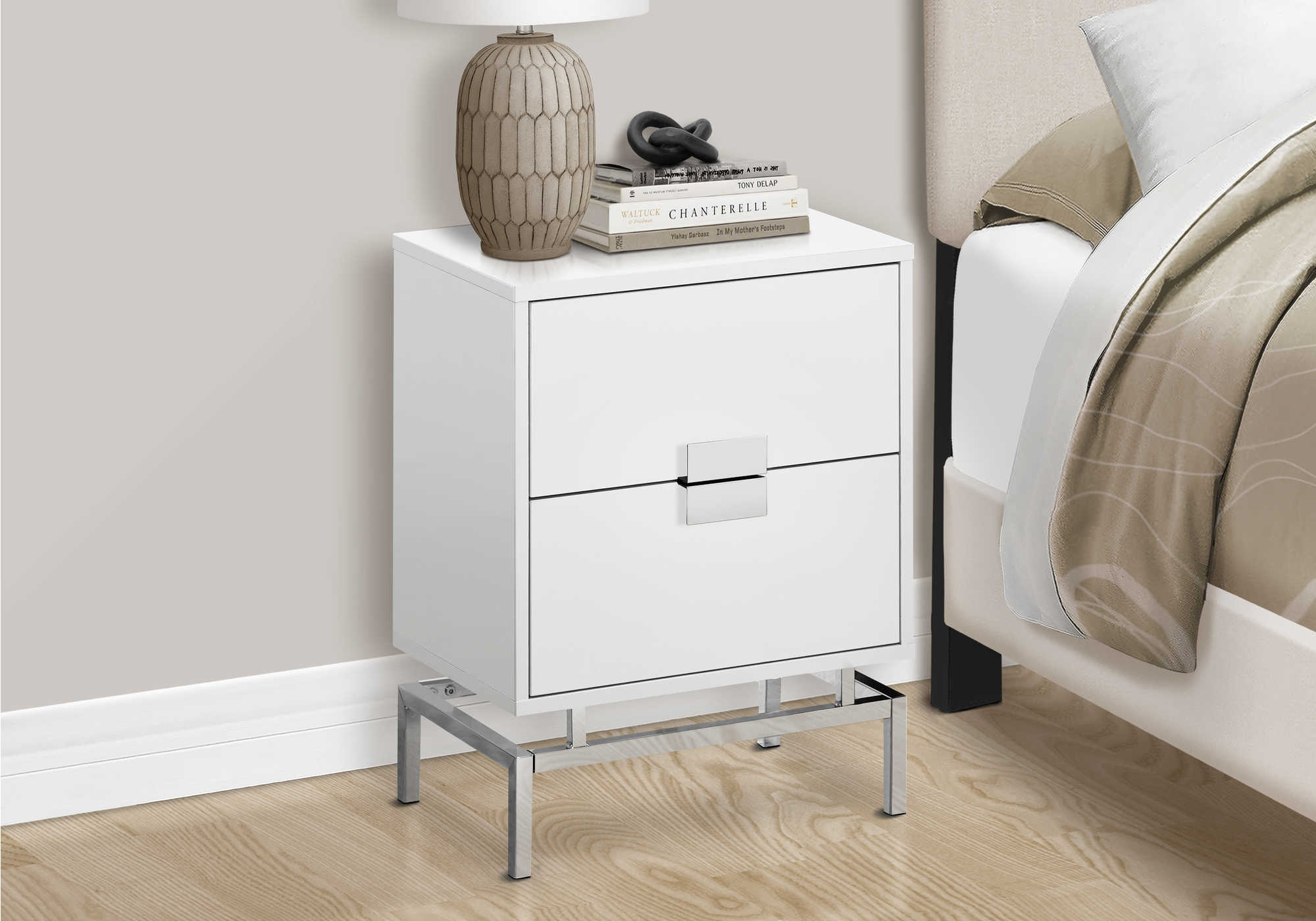 NIGHTSTAND - 24"H / GLOSSY WHITE / CHROME METAL #I 3490