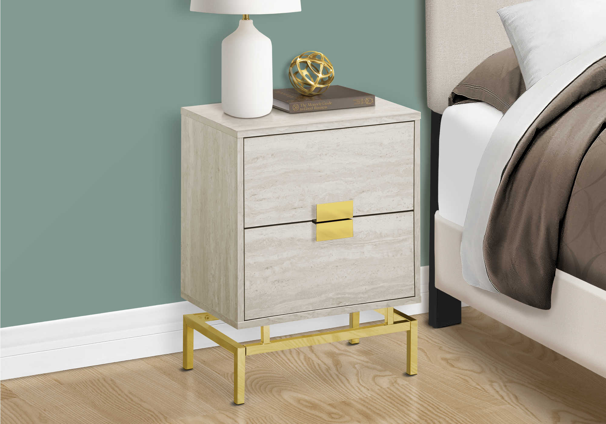 NIGHTSTAND - 24"H / BEIGE MARBLE / GOLD METAL #I 3493