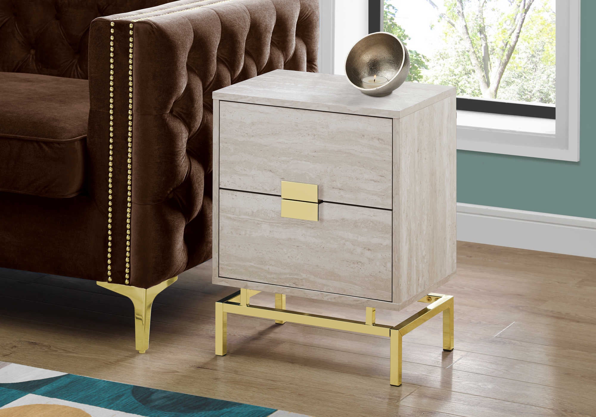 NIGHTSTAND - 24"H / BEIGE MARBLE / GOLD METAL #I 3493