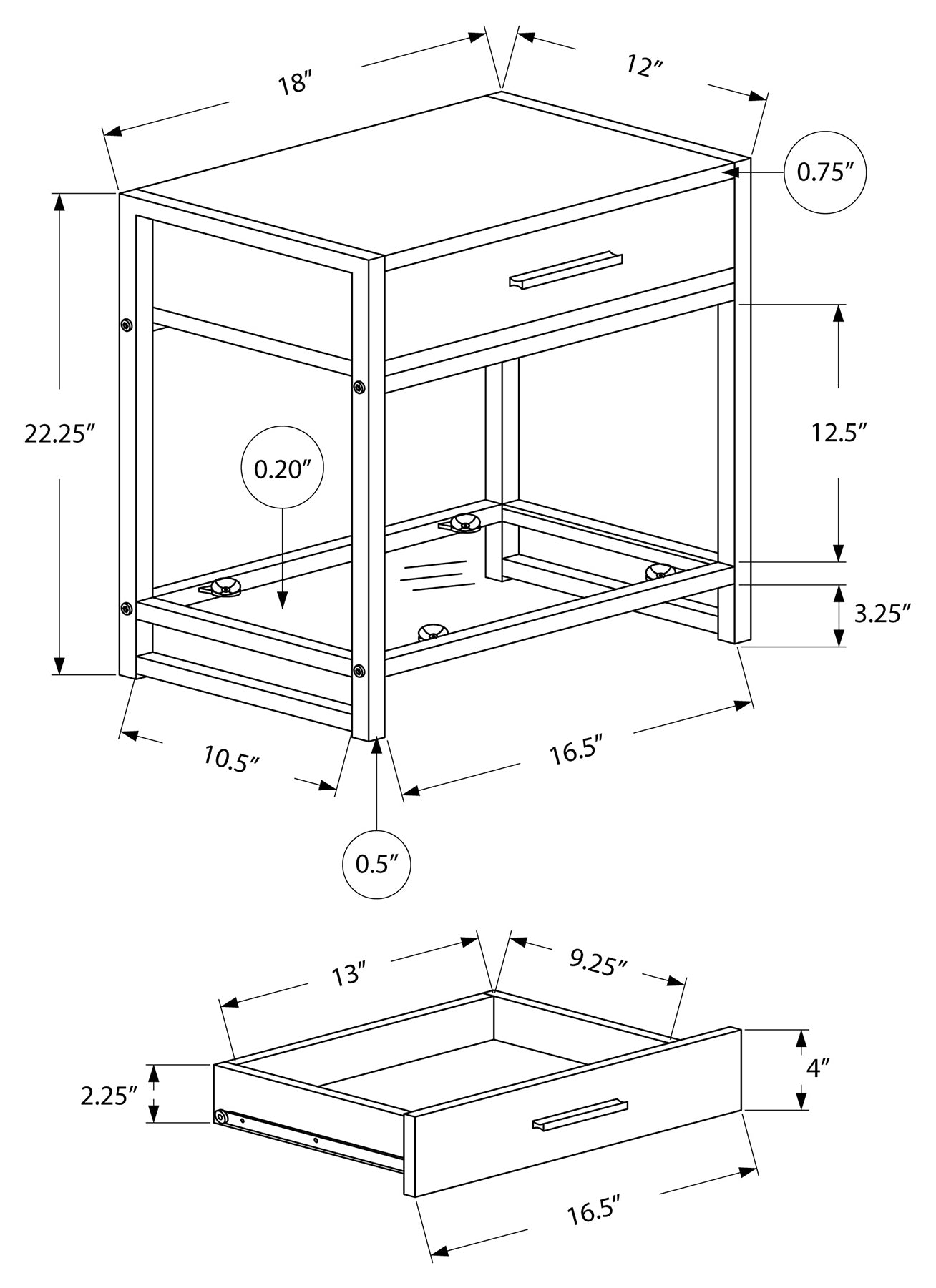 TABLE D'APPOINT - 22"H / TAUPE FONCÉ / NOIR / VERRE TREMPÉ #I 3501