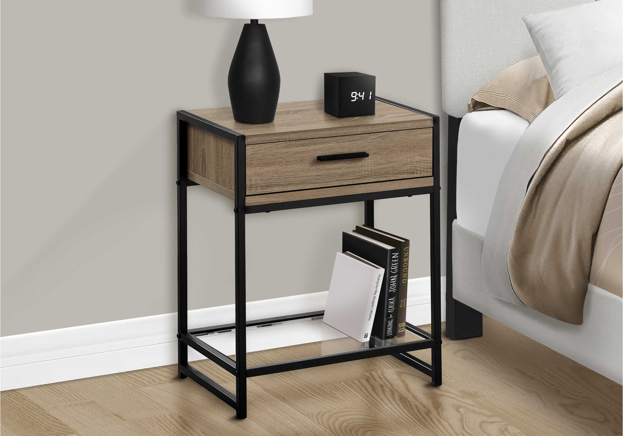 NIGHTSTAND - 22"H / DARK TAUPE / BLACK / TEMPERED GLASS #I 3501