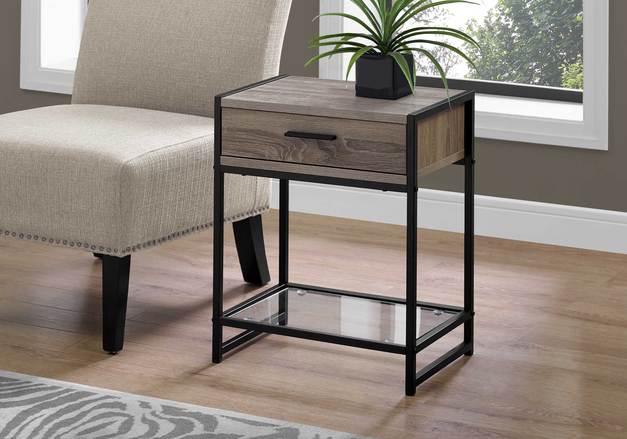 NIGHTSTAND - 22"H / DARK TAUPE / BLACK / TEMPERED GLASS #I 3501