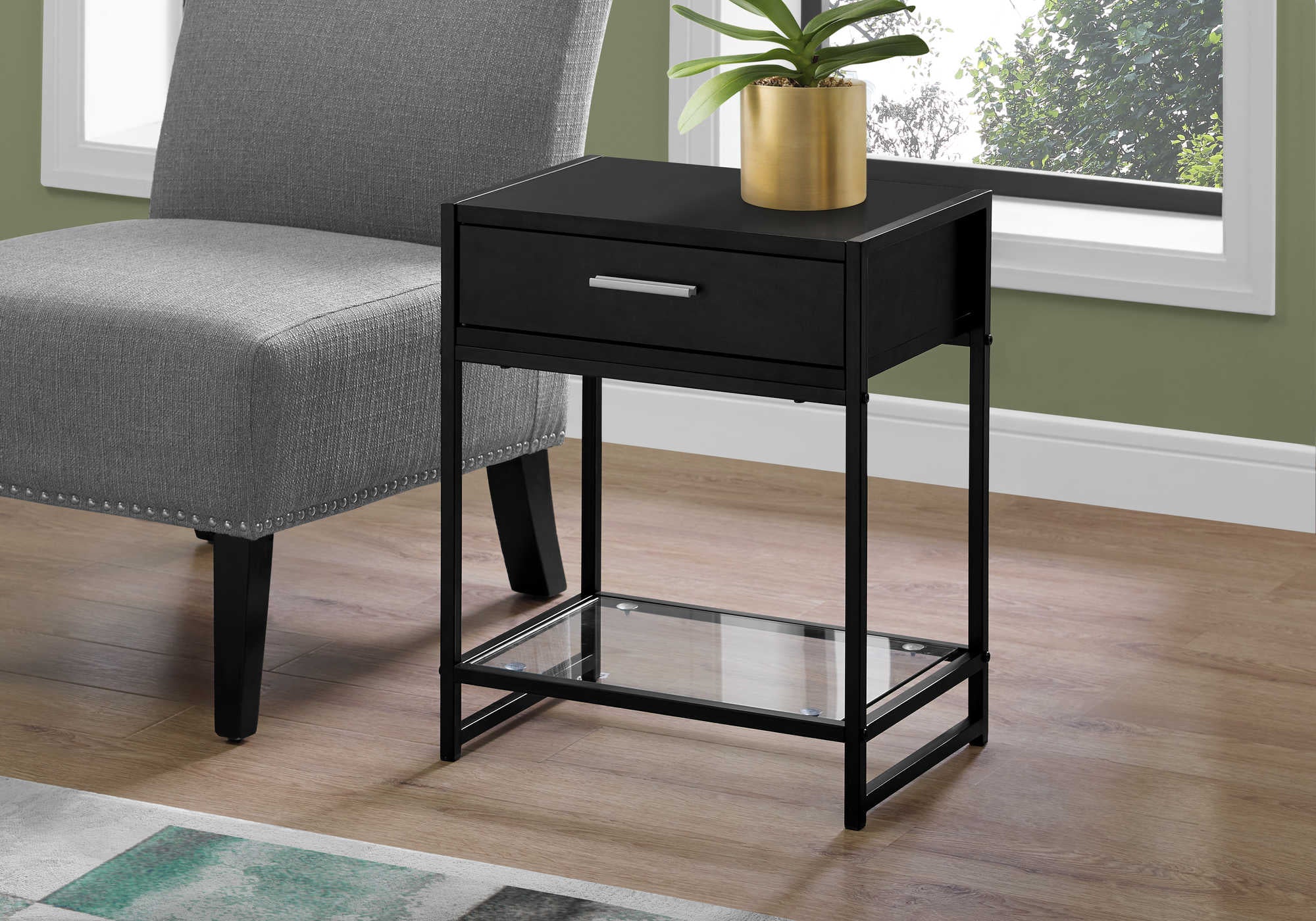 NIGHTSTAND - 22"H / BLACK / BLACK METAL/ TEMPERED GLASS #I 3502