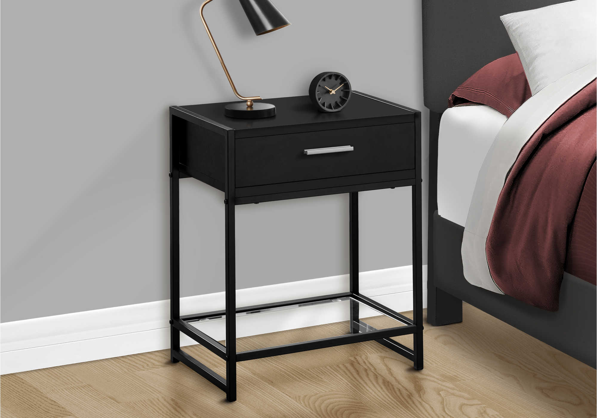 NIGHTSTAND - 22"H / BLACK / BLACK METAL/ TEMPERED GLASS #I 3502