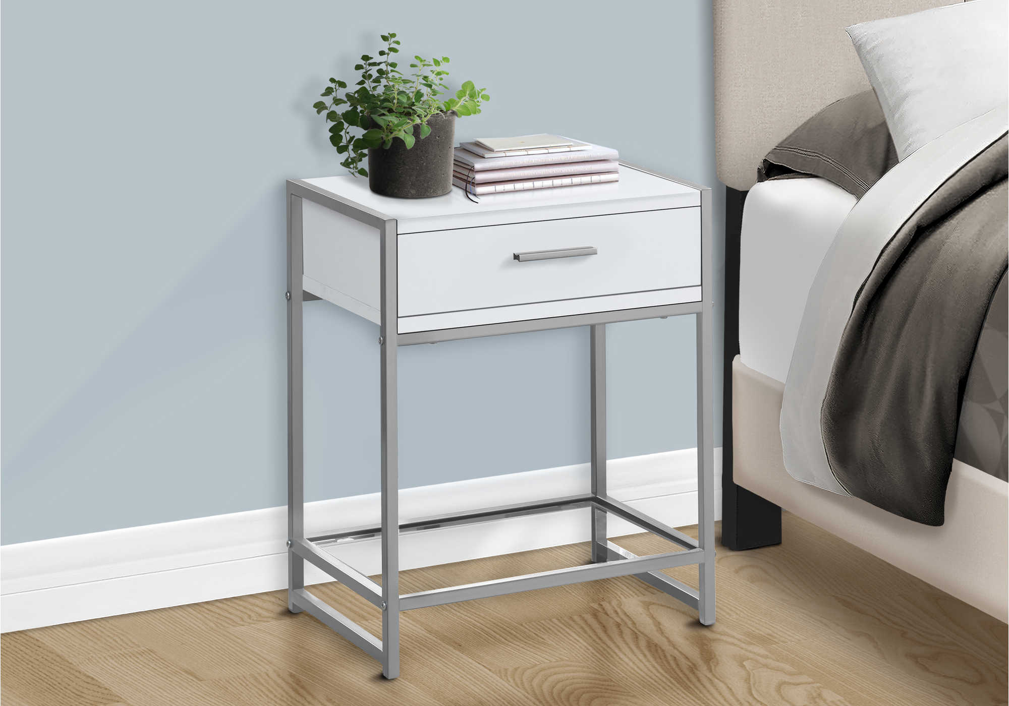 NIGHTSTAND - 22"H / WHITE/ SILVER METAL/ TEMPERED GLASS #I 3503