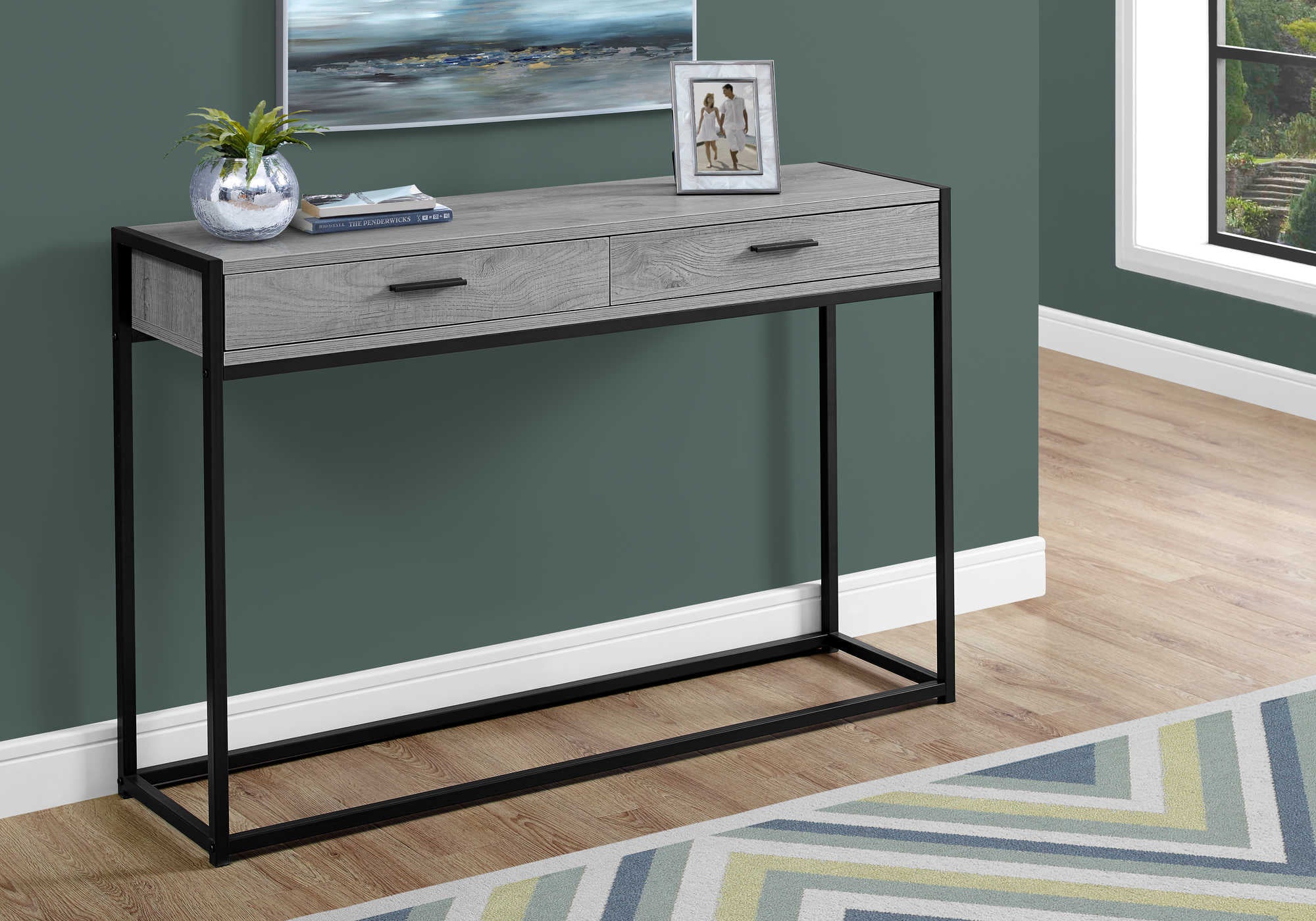 TABLE D'APPOINT - 48"L / CONSOLE D'ENTRÉE EN MÉTAL GRIS / NOIR #I 3510