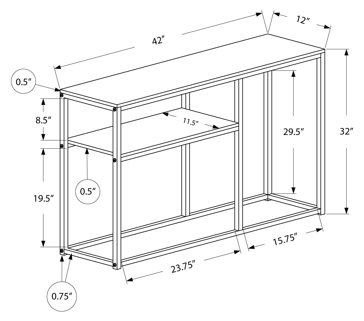 TABLE D'APPOINT - 42"L / CONSOLE D'ENTRÉE EN MÉTAL GRIS / NOIR #I 3514