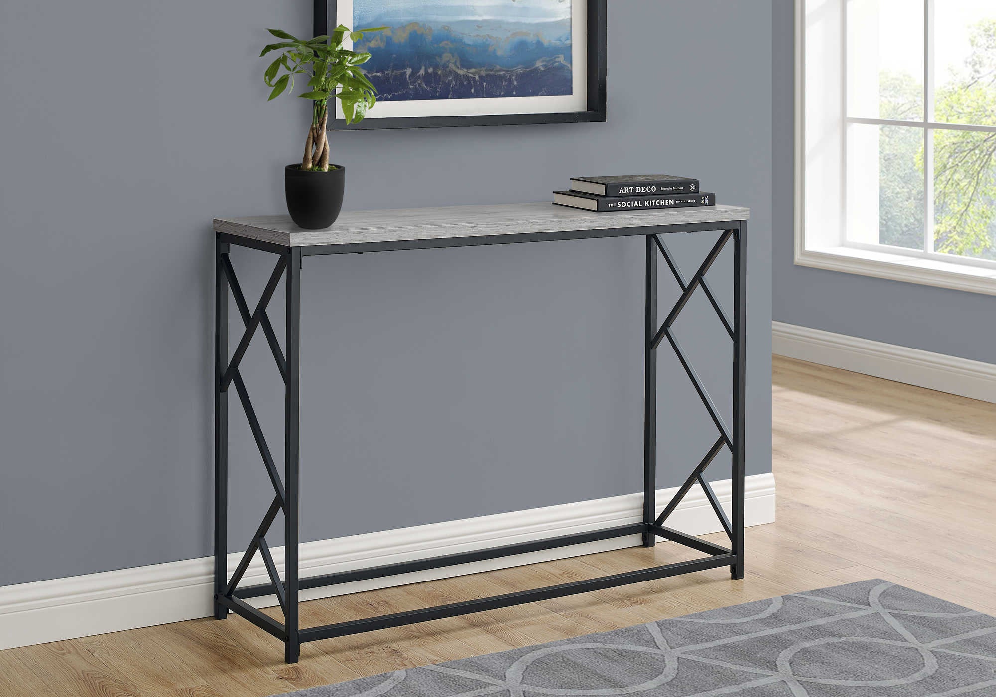 TABLE D'APPOINT - 44"L / CONSOLE D'ENTRÉE EN MÉTAL GRIS / NOIR #I 3532