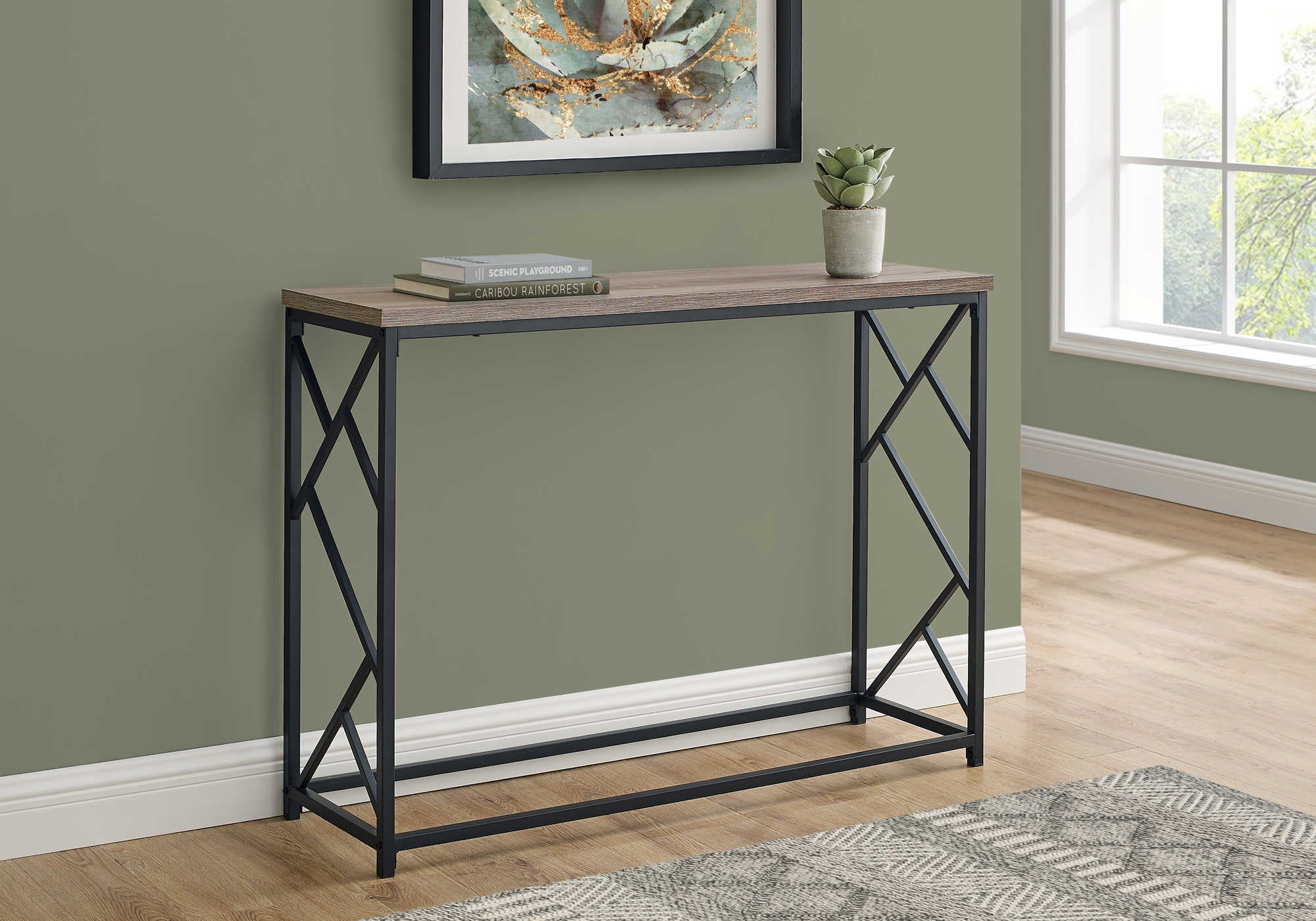 TABLE D'APPOINT - 44"L / CONSOLE D'ENTRÉE EN MÉTAL TAUPE / NOIR #I 3533