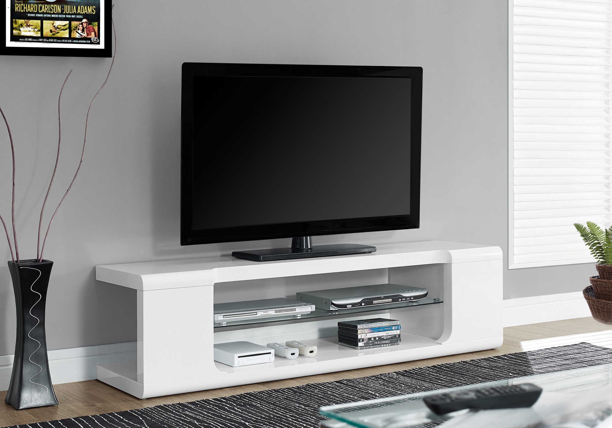 TV STAND - 60"L / HIGH GLOSSY WHITE WITH TEMPERED GLASS # I 3535