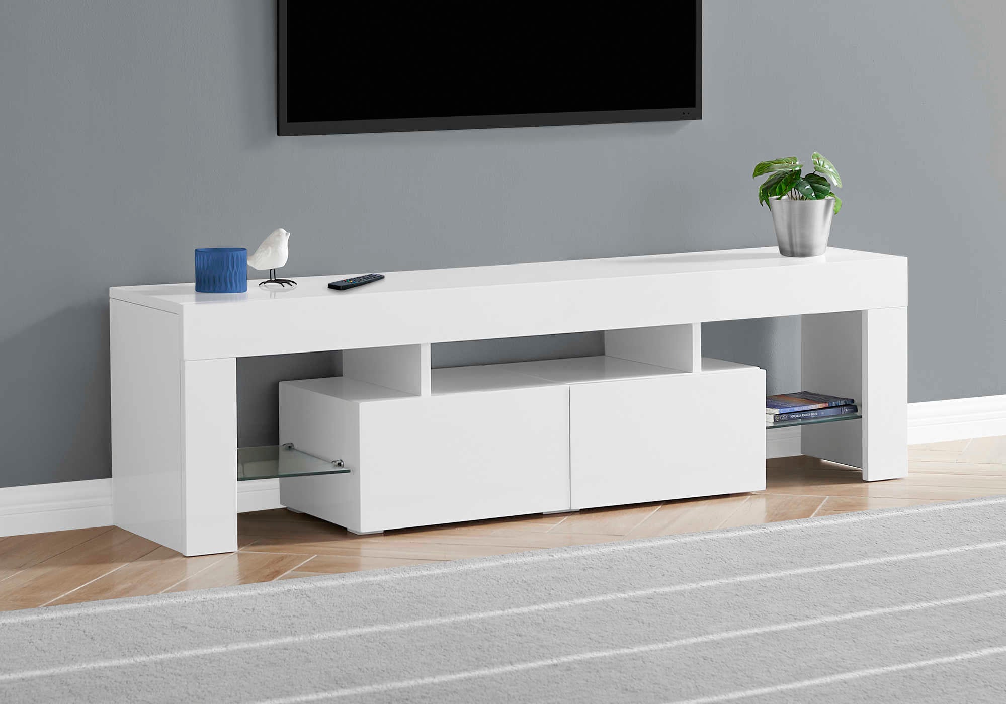 TV STAND - 63"L / HIGH GLOSSY WHITE WITH TEMPERED GLASS # I 3548