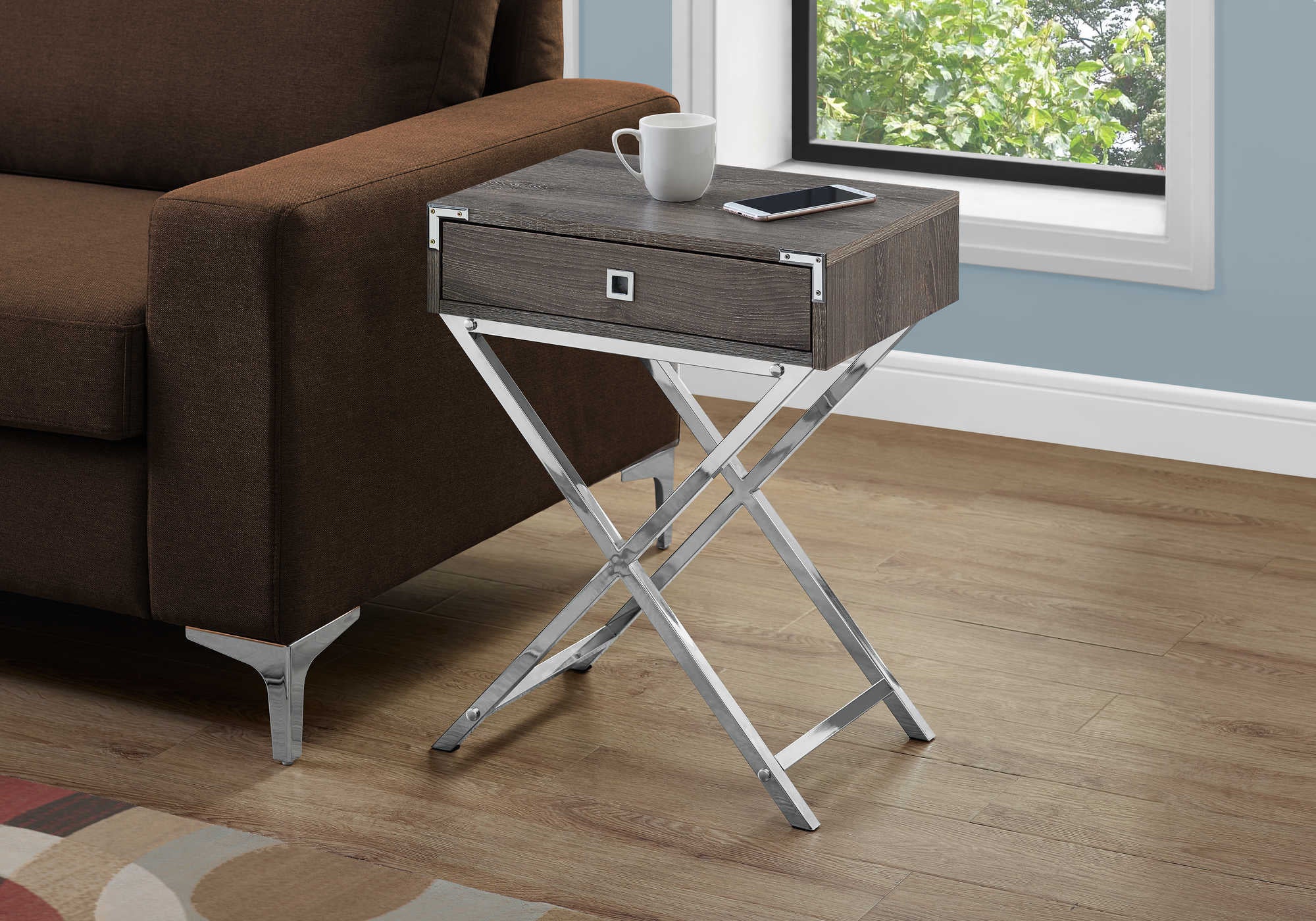 TABLE D'APPOINT - 24"H / TAUPE FONCÉ / MÉTAL CHROME #I 3555