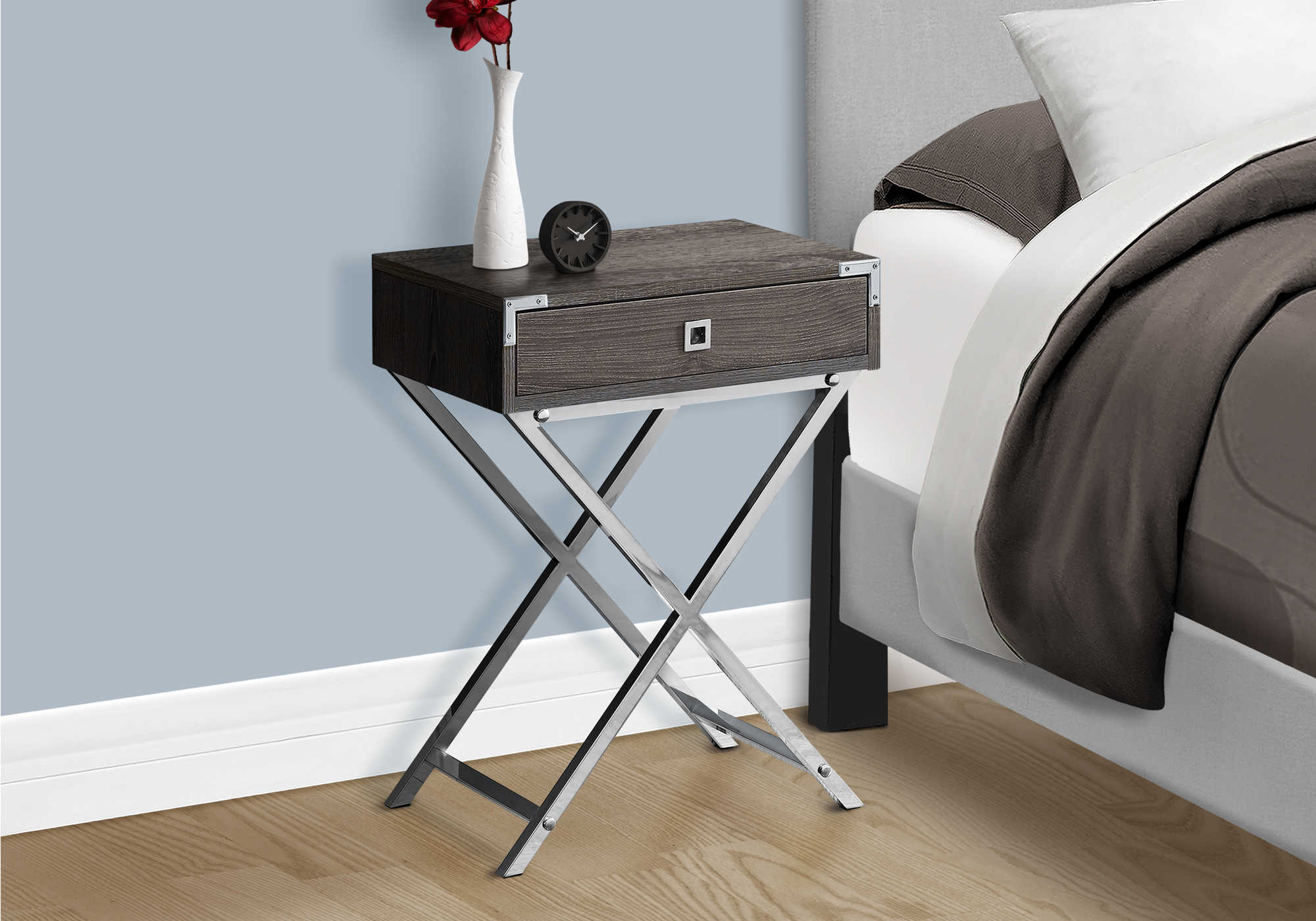 NIGHTSTAND - 24"H / DARK TAUPE / CHROME METAL #I 3555