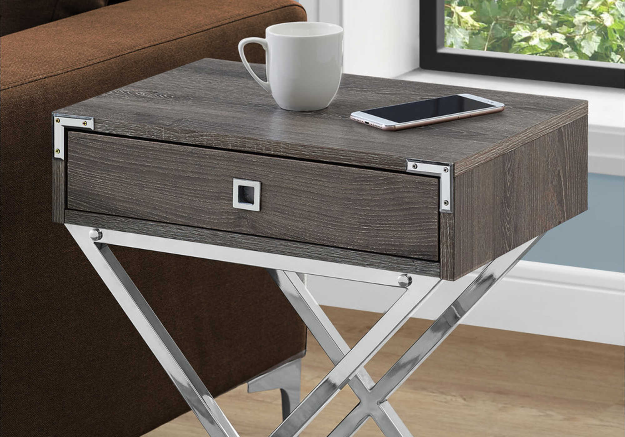 NIGHTSTAND - 24"H / DARK TAUPE / CHROME METAL #I 3555