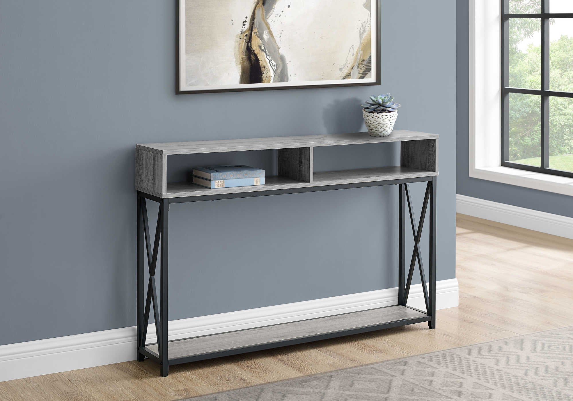 ACCENT TABLE - 48"L / GREY / BLACK METAL HALL CONSOLE #I 3572