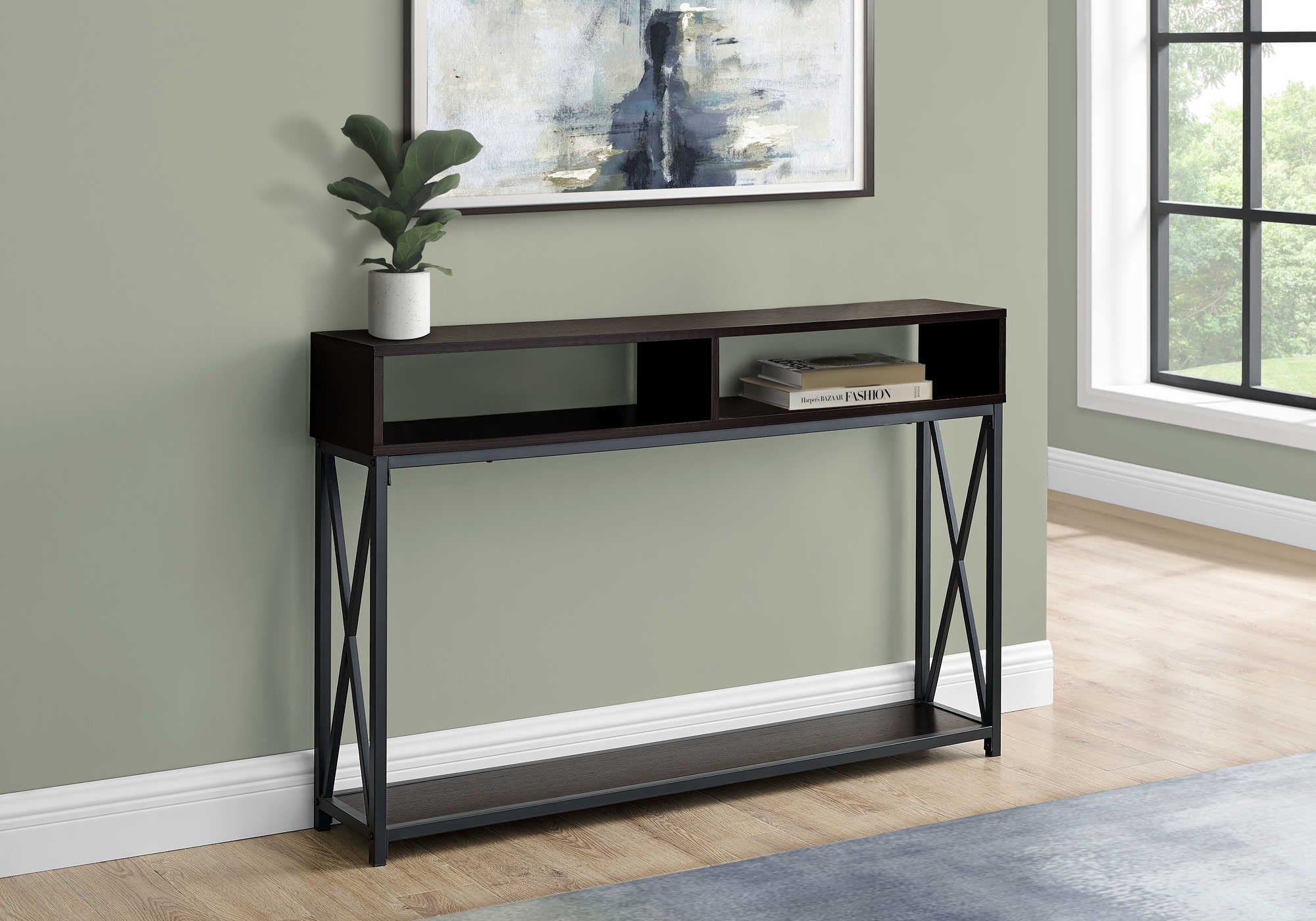 ACCENT TABLE - 48"L / ESPRESSO / BLACK METAL HALL CONSOLE #I 3574