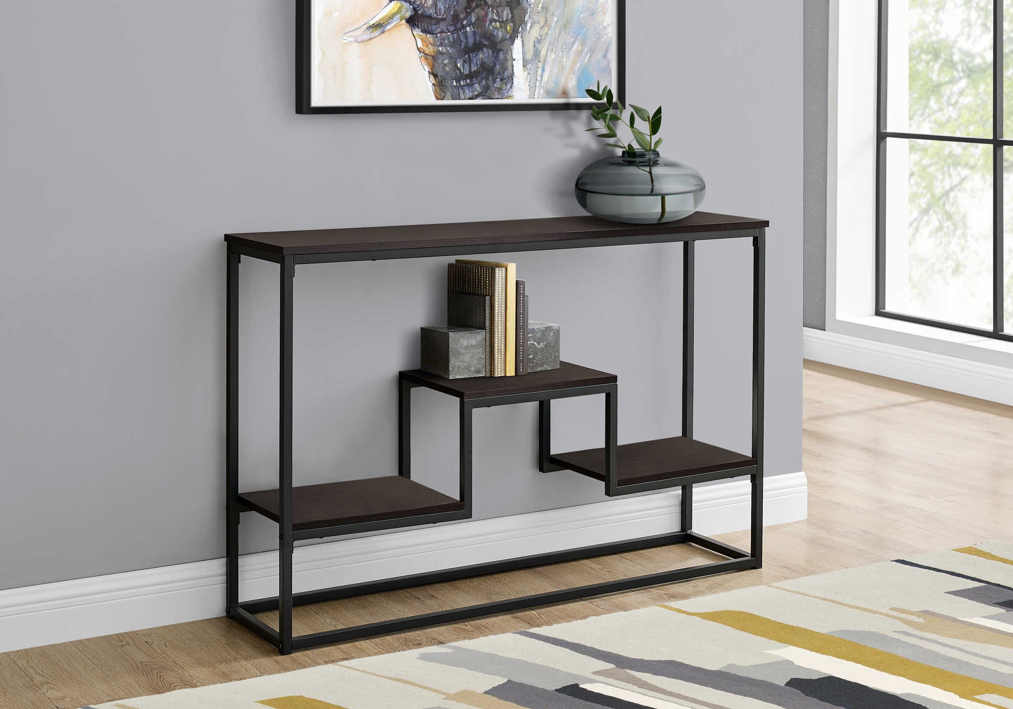 ACCENT TABLE - 48"L / ESPRESSO / BLACK METAL HALL CONSOLE #I 3582