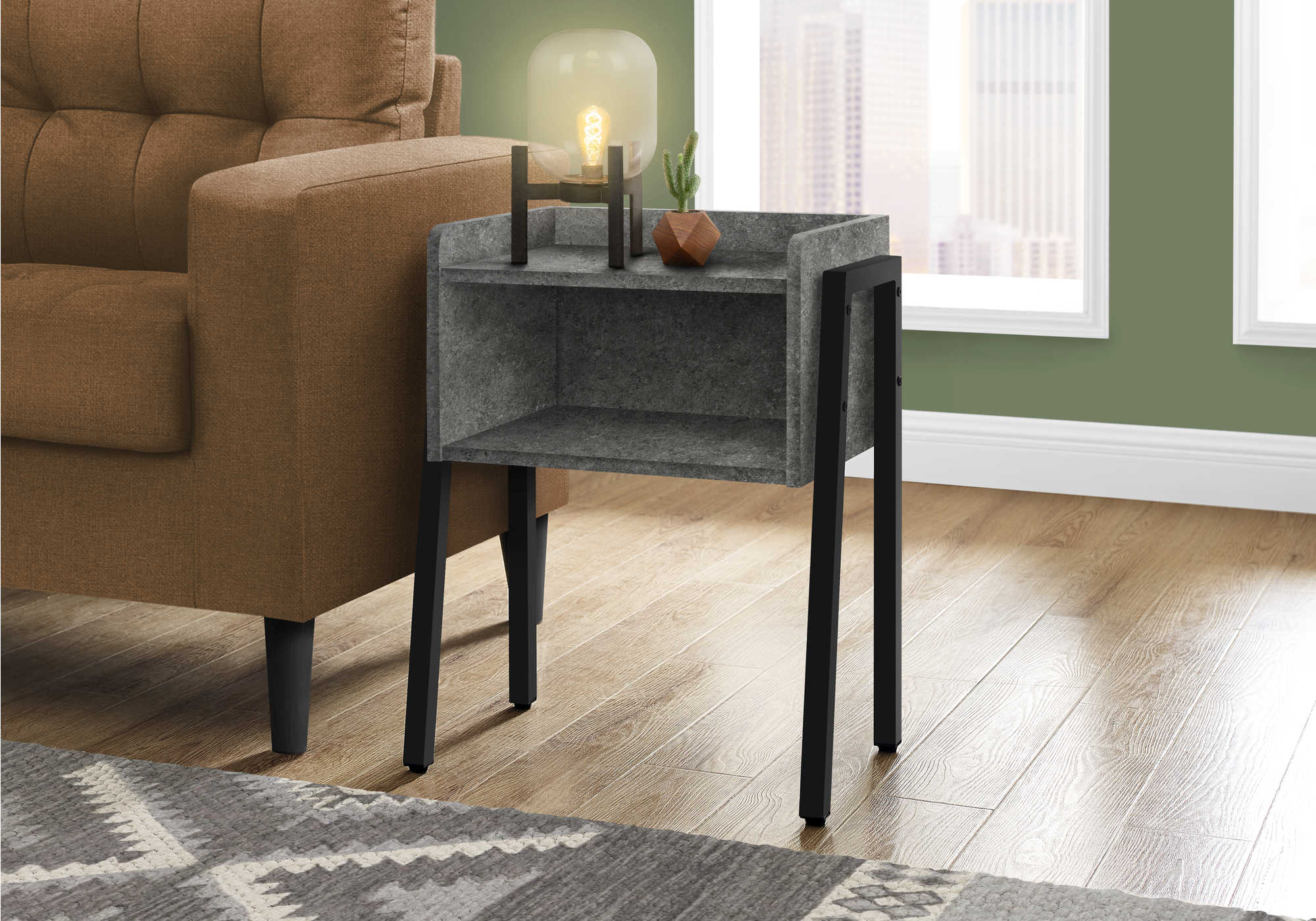 NIGHTSTAND - 23"H / GREY STONE-LOOK / BLACK METAL #I 3584