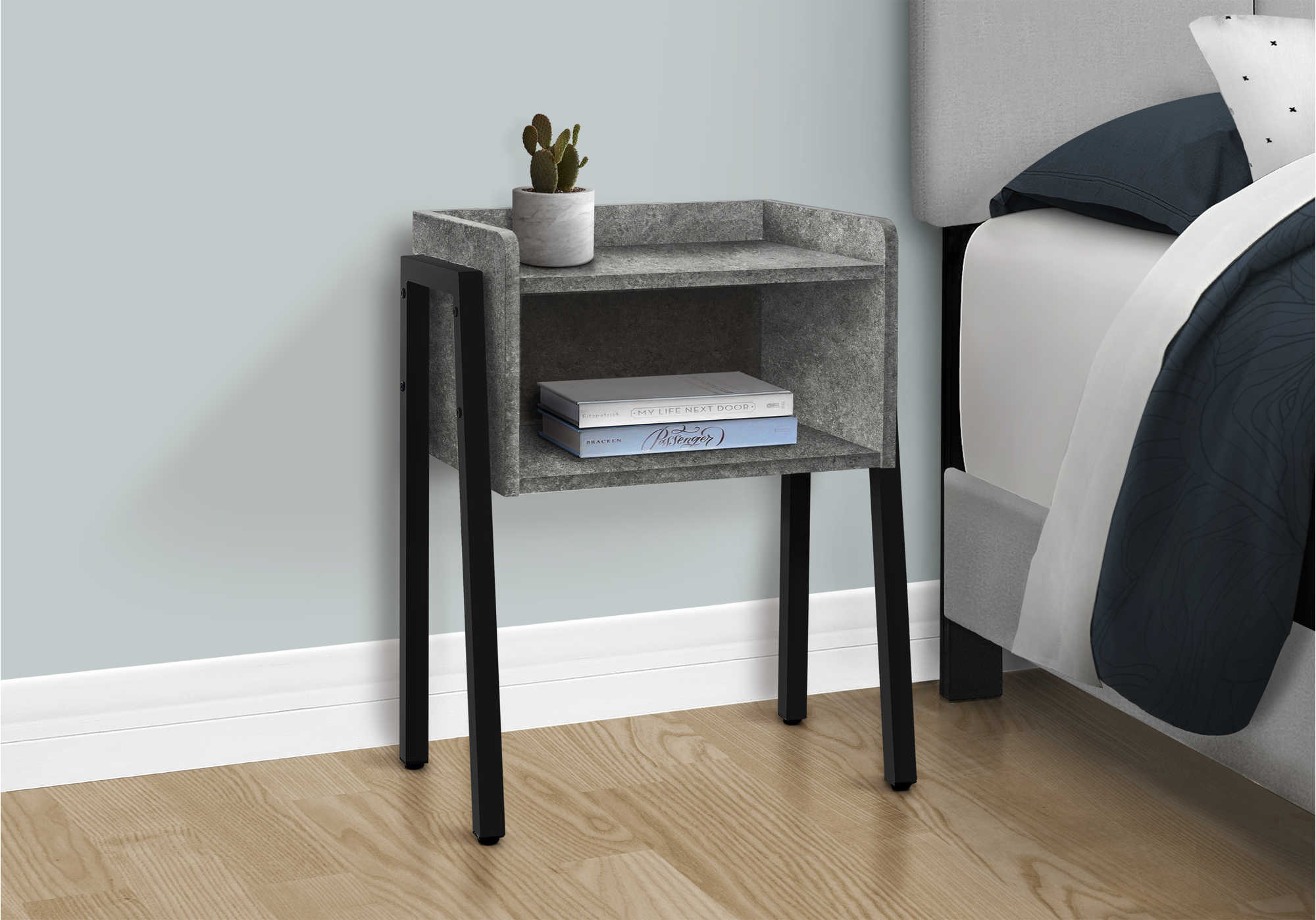 NIGHTSTAND - 23"H / GREY STONE-LOOK / BLACK METAL #I 3584