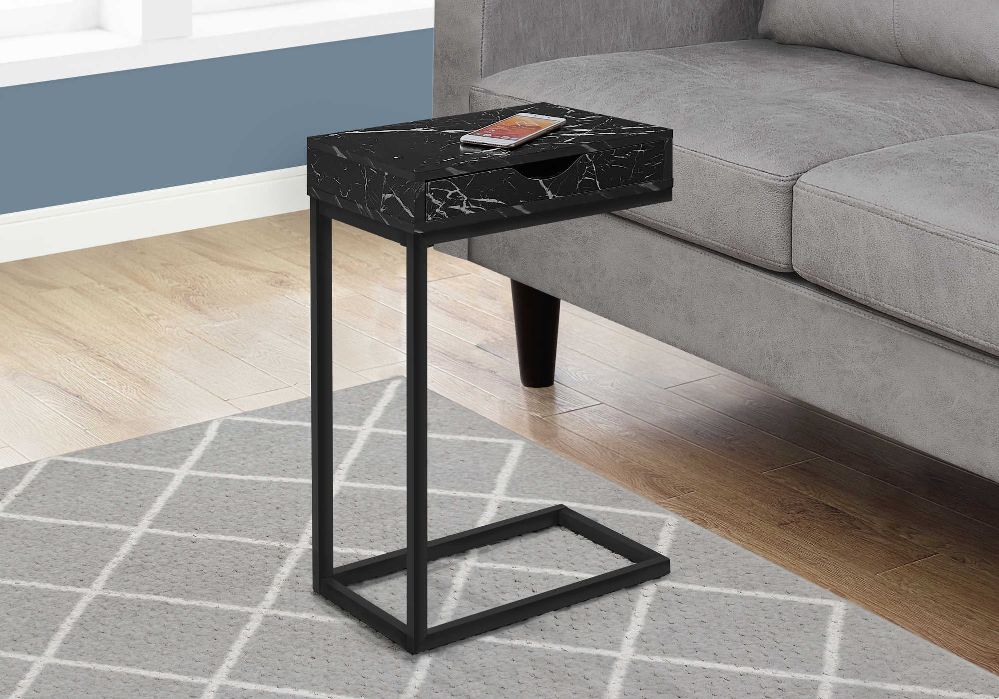 NIGHTSTAND - BLACK MARBLE / BLACK METAL WITH A DRAWER #I 3604