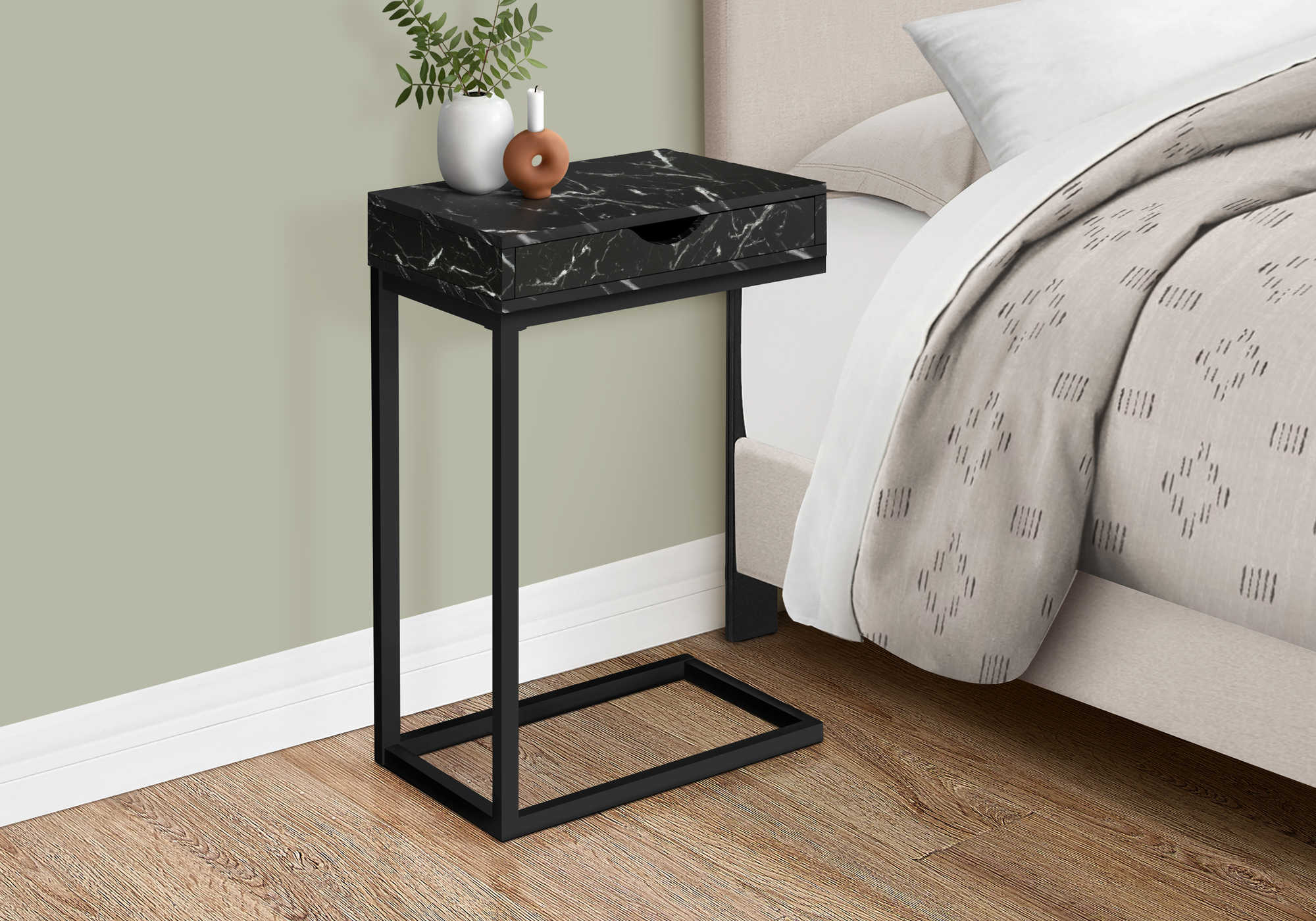 NIGHTSTAND - BLACK MARBLE / BLACK METAL WITH A DRAWER #I 3604