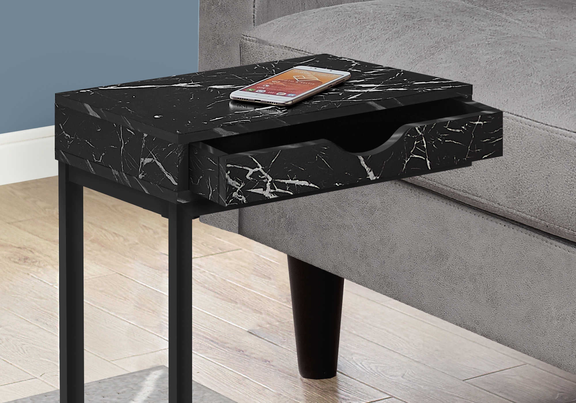 NIGHTSTAND - BLACK MARBLE / BLACK METAL WITH A DRAWER #I 3604