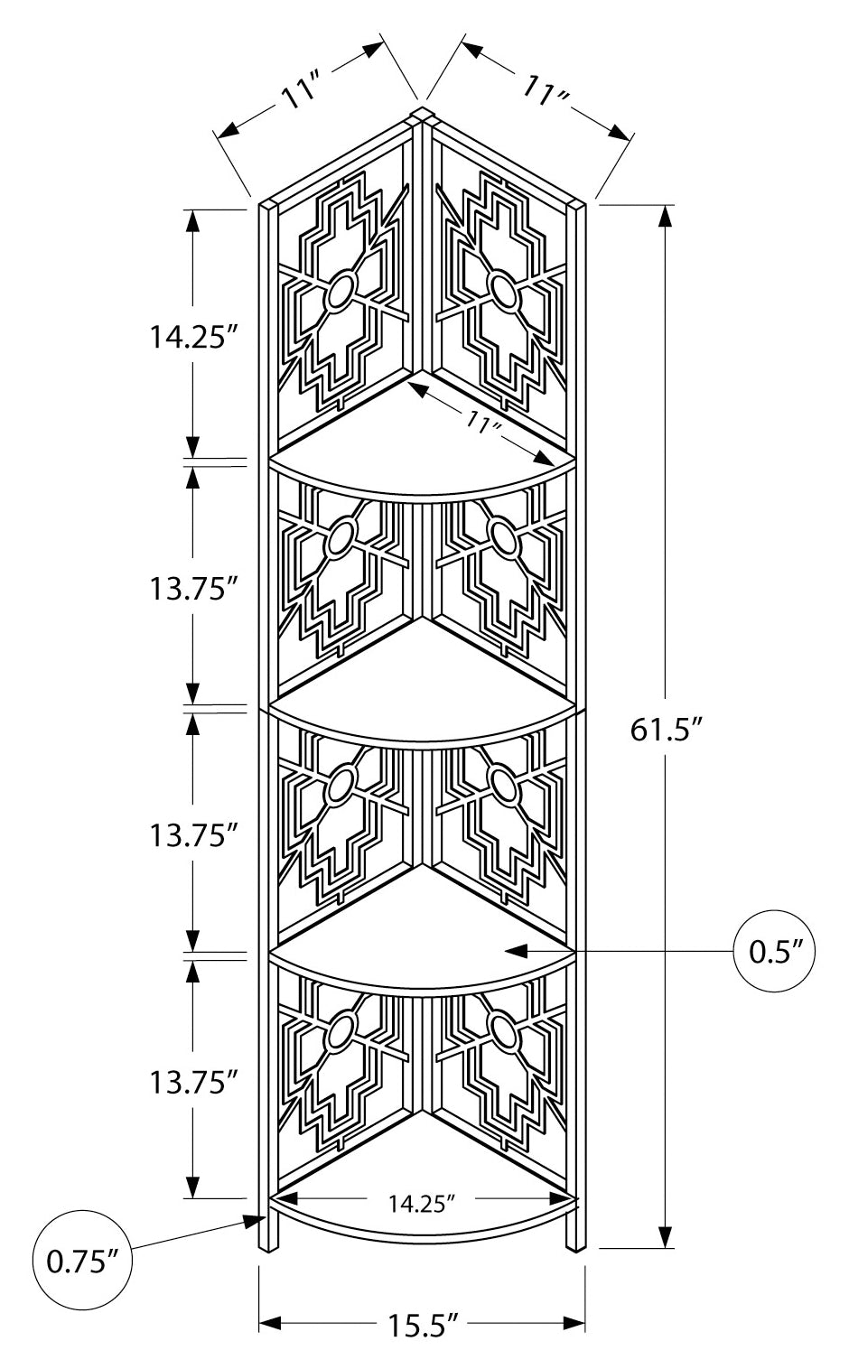 BOOKCASE - 62"H / WHITE / WHITE METAL CORNER ETAGERE # I 3623